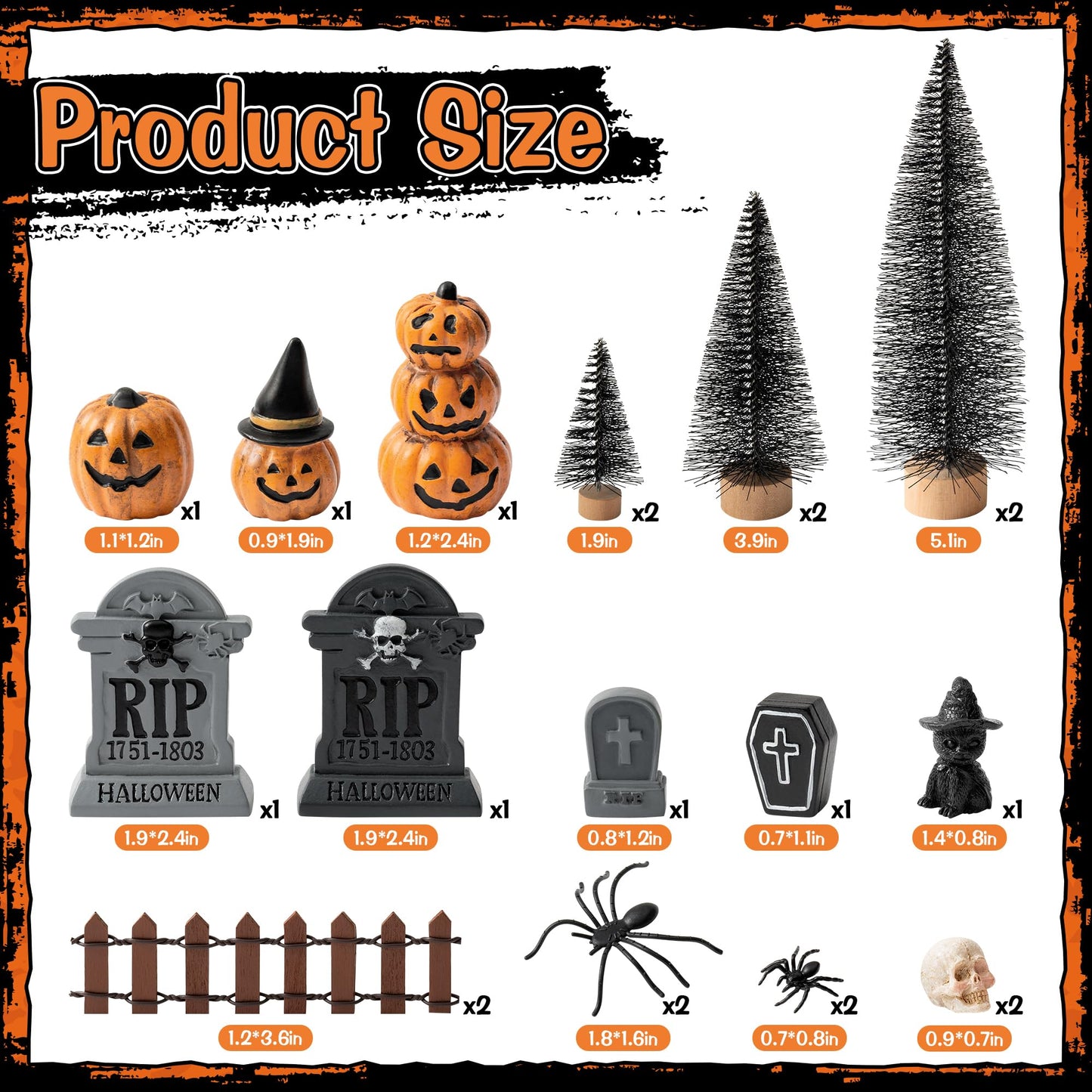 W1cwey Halloween Village Scene Ornaments Accessories, Set of Pumpkin, Tombstones, Skeletons, Spiders, Black Cat, Pine Trees, Resin Miniature Garden Scene Decor for Halloween Party