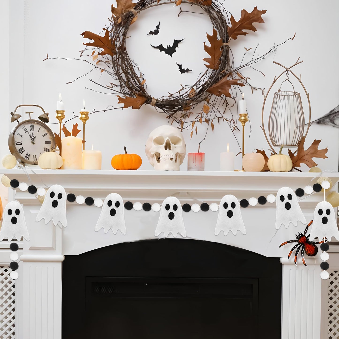 8.2 Ft Halloween Garland Cute Ghost Felt Garland 3D Ghost Hanging Banner White Black Pom Pom Ball Banner Felt Ghosts Hanging Decorations for Halloween Fireplace Mantle Window Home Party Decor