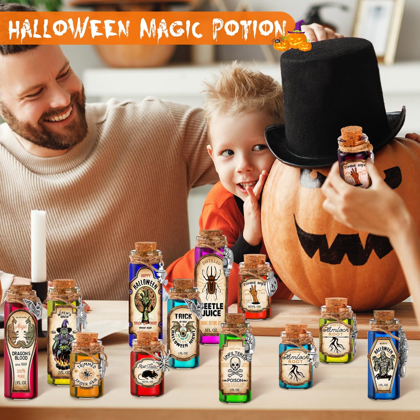 Yaomiao 124 Pcs Halloween Magic Potions Kit Halloween Party Decorations Creative Gift Apothecary Bottles Decorations with Labels Stickers Charms Pendants Ropes and Funnels for Indoor Party Supplies