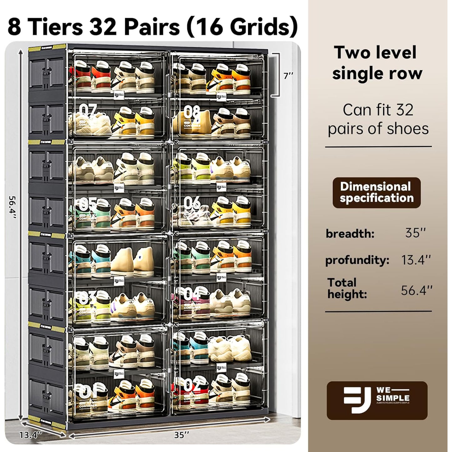 wesimple 32 Pairs Portable Shoe Storage Cabinent of 3-Step Fast Installation,Plastic Shoe Box with Magnetic Clear Door for Entryway, Enclosed Shoe Rack for Sneaker, Heels etc.. (2Row, 8Tier)