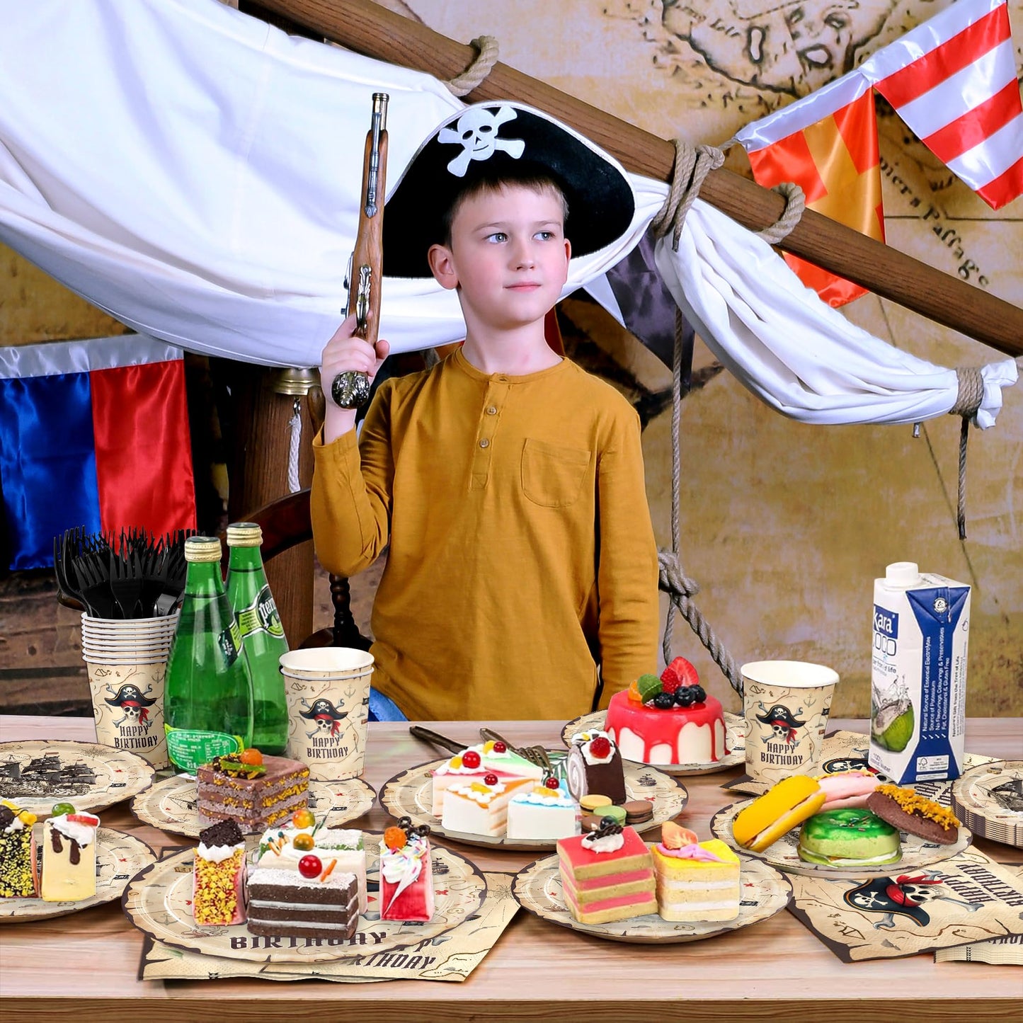 120pcs Pirate Party Supplies Pirate Birthday Plates and Napkins With Paper Cup Treasure Map Napkins Adventure Party Supplies for Pirate Birthday Party Disposable Tableware Set Serve 24 Guests