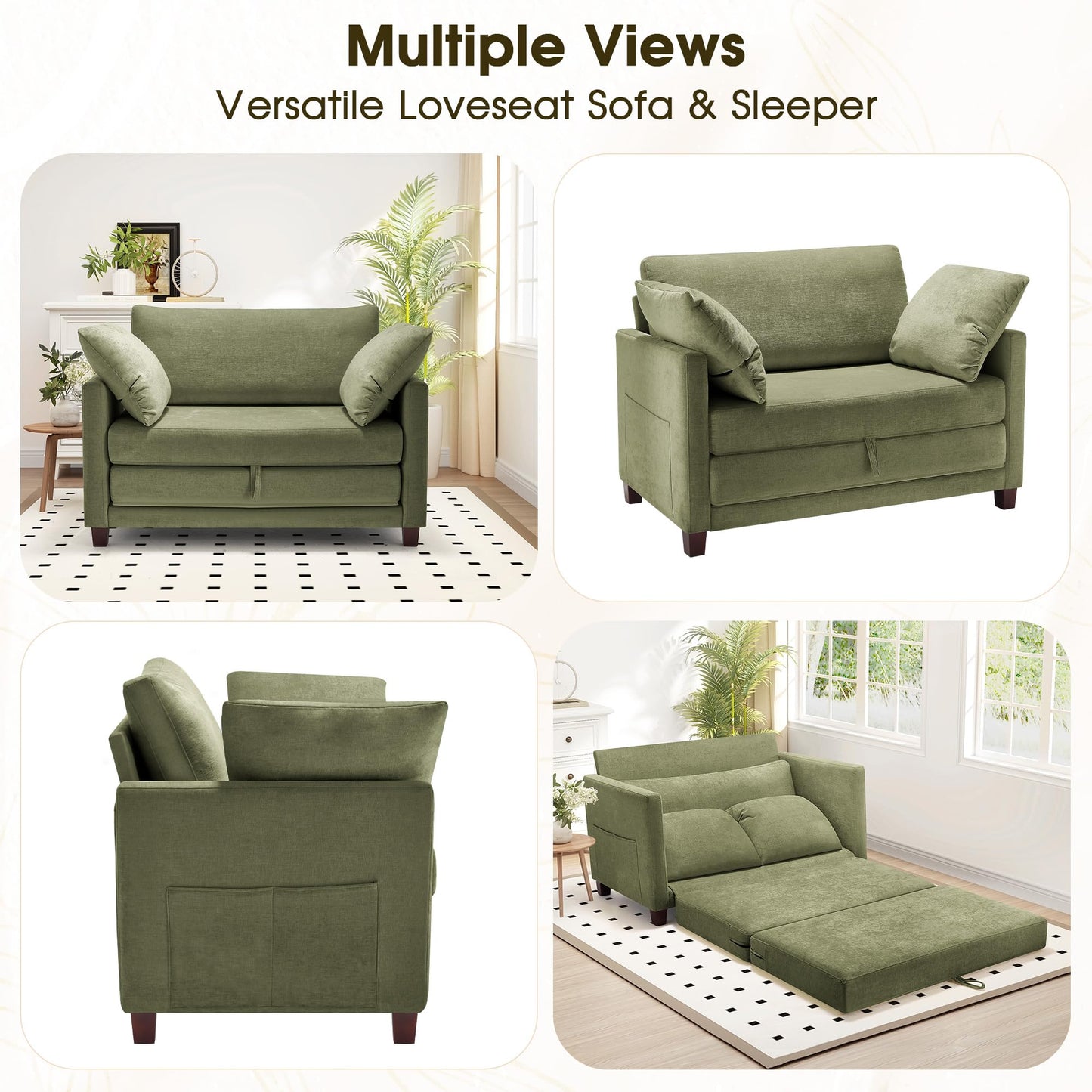 51" Convertible Loveseat Sofa Bed, 2 in1 Folding Sofa Bed, Loveseat Sleeper Sofa for Small Spaces, Fold Out Floor Couch with 2 Pillows for Apartment, Living Room & Guest Room, Green Chenille Fabric