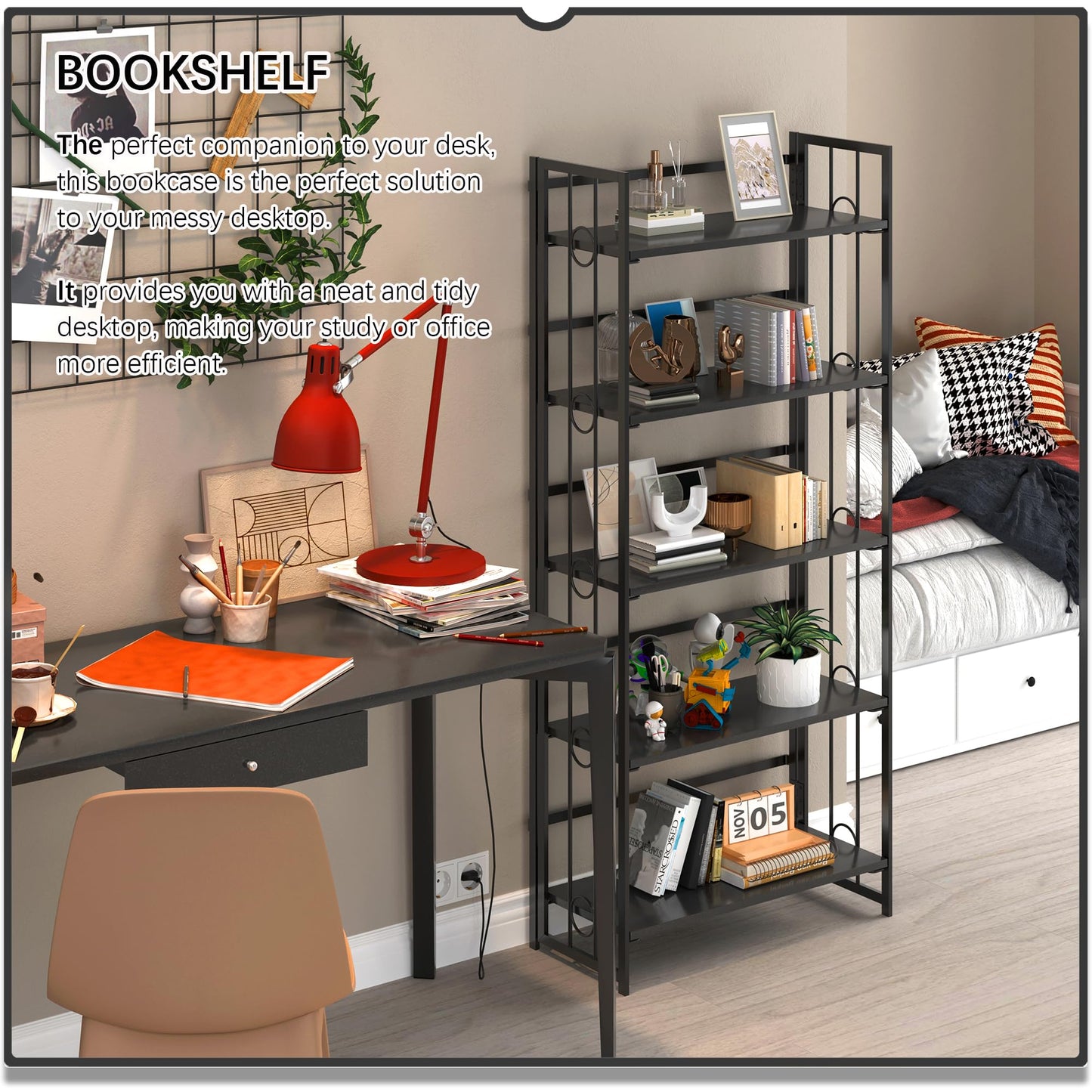 4NM No-Assembly 5 Tiers Folding Bookshelf Storage Shelves Vintage Bookcase Standing Racks Study Organizer Home Office - All Black