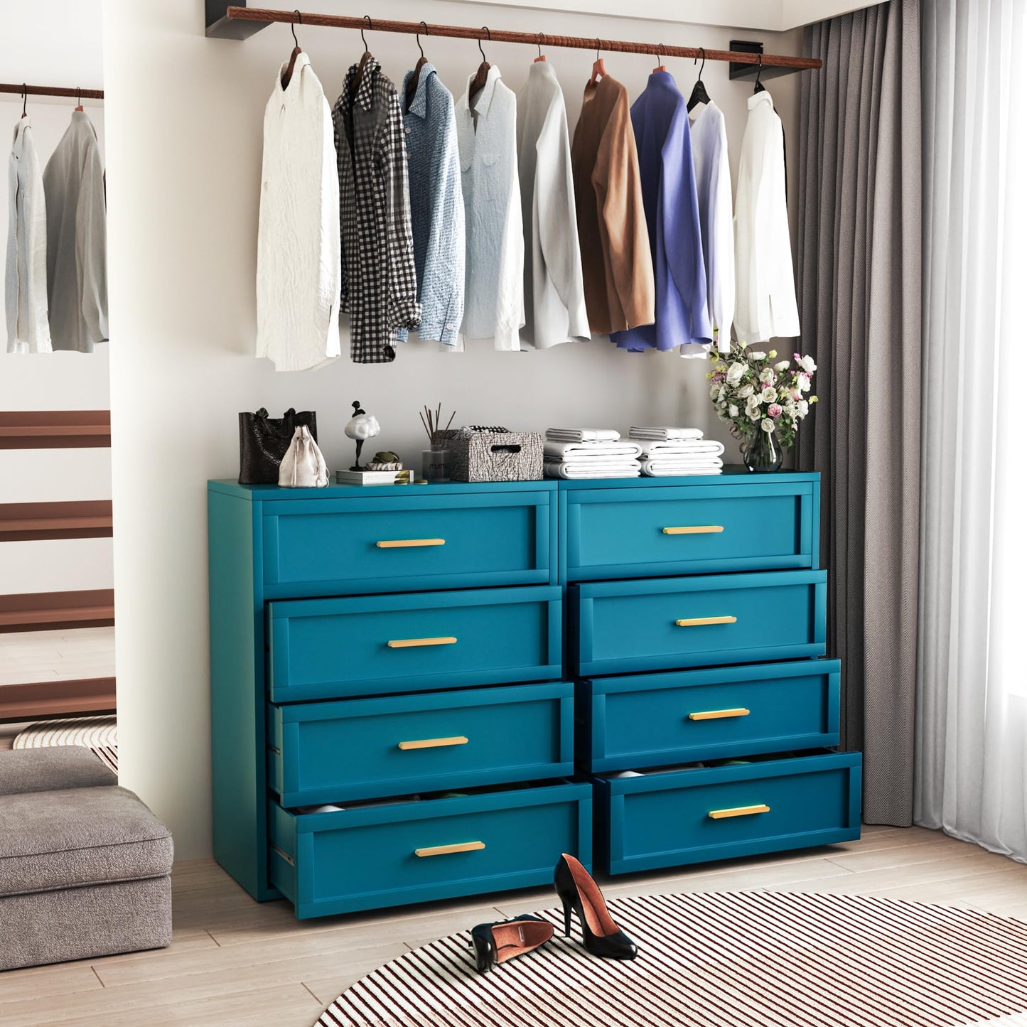 Washsemba Metal 4 Drawer Dresser,15.8" D x 31.5" W x 39.25" H,Home Peacock Blue Dresser for Bedroom,Storage Cabinet with 4 Drawers,Tall Dresser,Entryway, and Closet.Peacock Blue