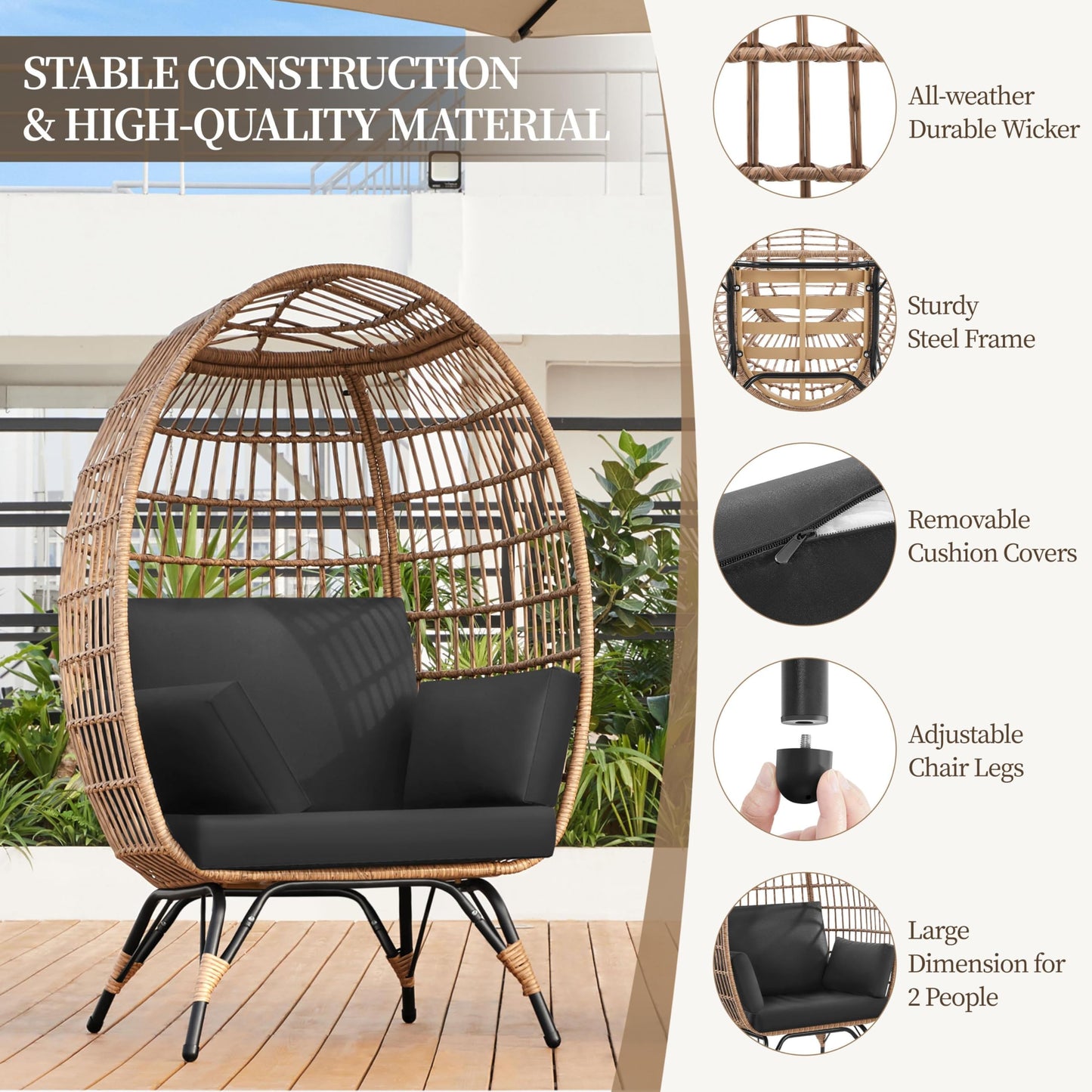 Yaheetech Egg Rattan Chair, Oversized Indoor/Outdoor Egg-Shaped PE Basket Lounger with 4 Cushions, Metal Frame Stand for Patio, Balcony, Backyard, Living Room, Light Brown/Black