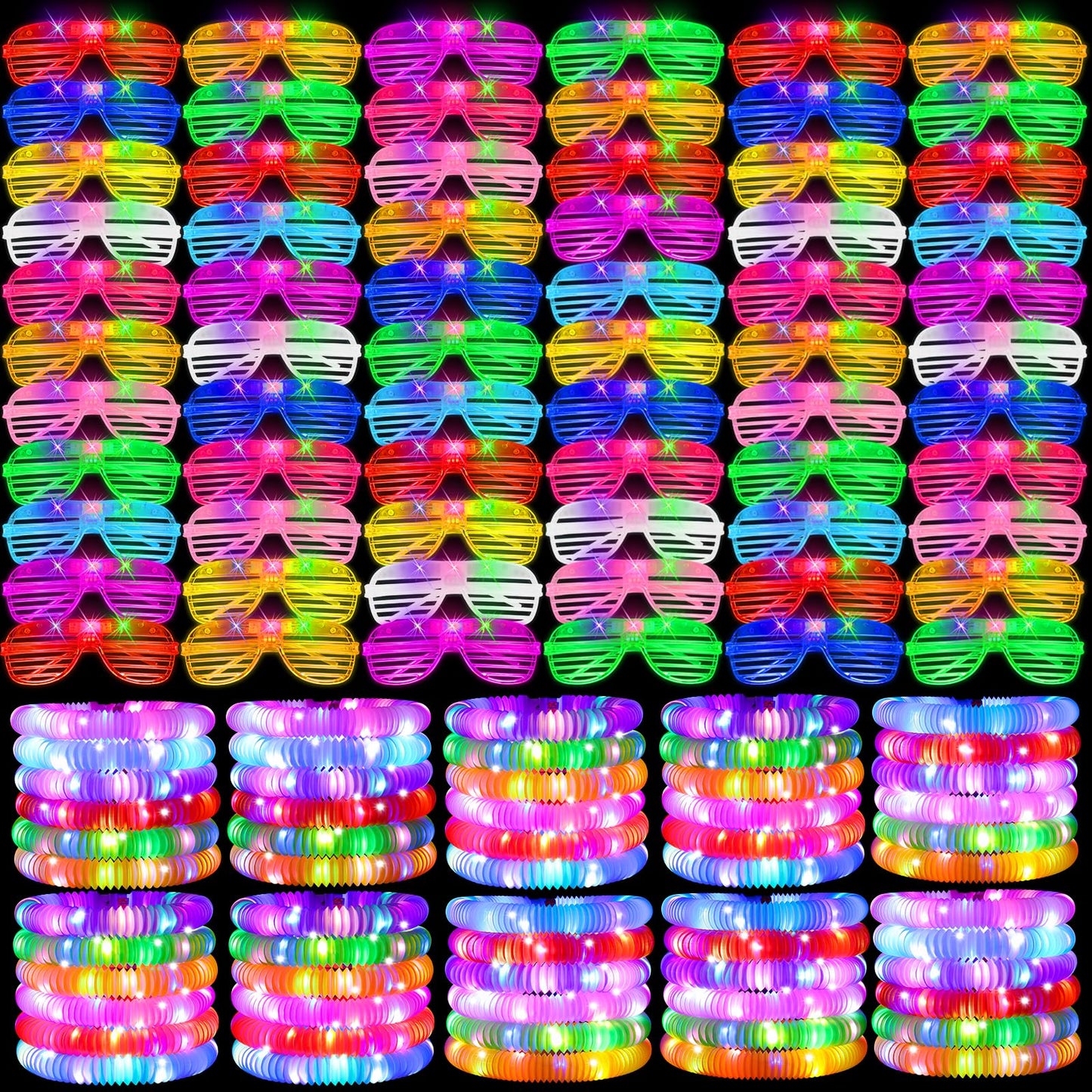 76 Pcs Glow Light Up Pop Tubes &LED Glasses Sticks Party Favors, Glow Bracelets Necklaces Camping Toys, Rave Neon Flashing Glasses for Birthday Return Gift Goodie Bag Christmas Stuffer School Prizes