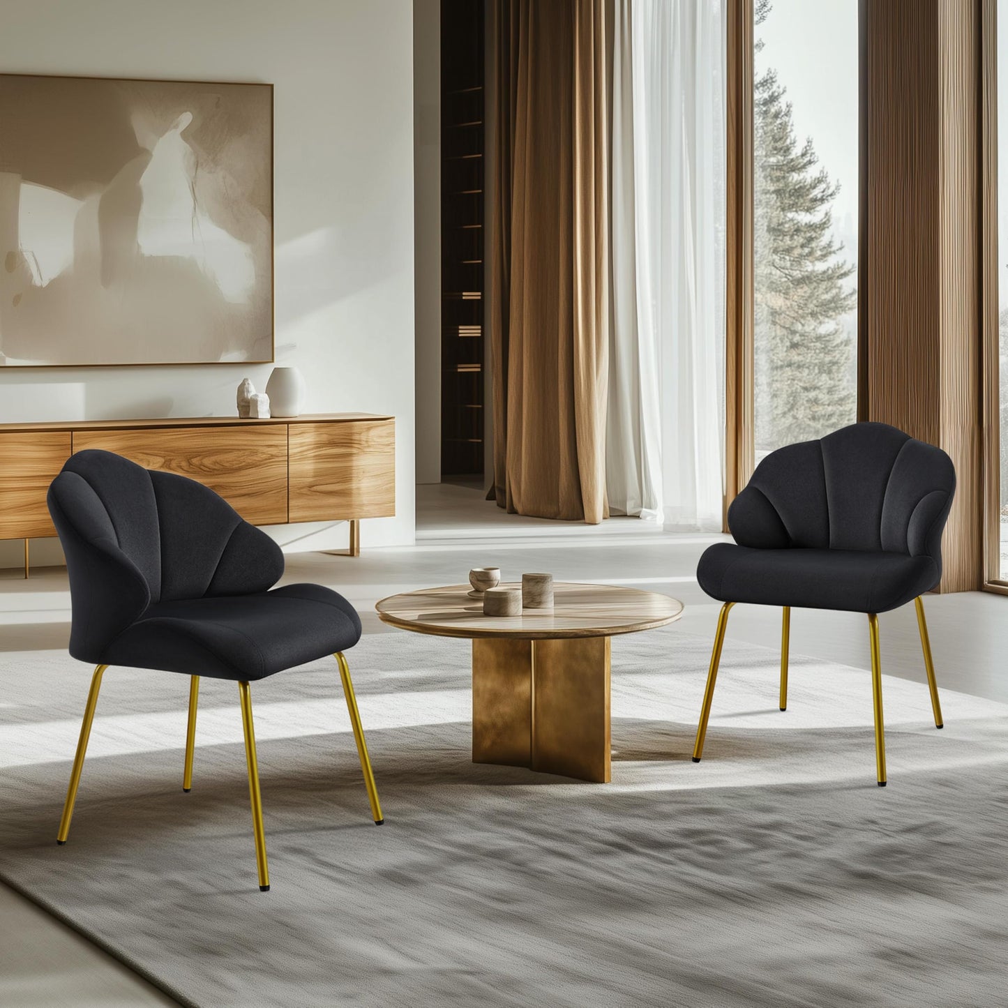 Yaheetech Vanity Chair, Velvet Accent Chair with Shell-Shaped Backrest, Modern Armchair with Gold Metal Legs for Dressing Room/Bedroom/Living Room, Black