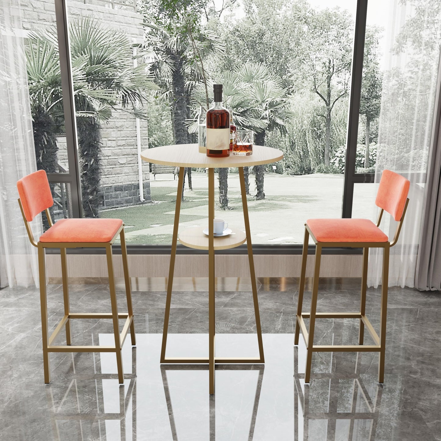 3 Piece Round Bar Table Set with Storage Shelves, Metal Pub Table Set with Upholstered Stools for 2, Save Space, Beige+Gold+Orange