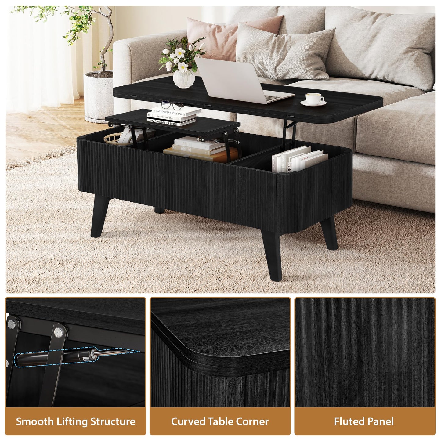 3 in 1 Lift Top Coffee Table, Fluted Convertible Coffee Tables Converts to Dining Tables, Modern Oval Wooden Center Table with Storage for Living Room Office Small Space, Partial Assembly (Black)