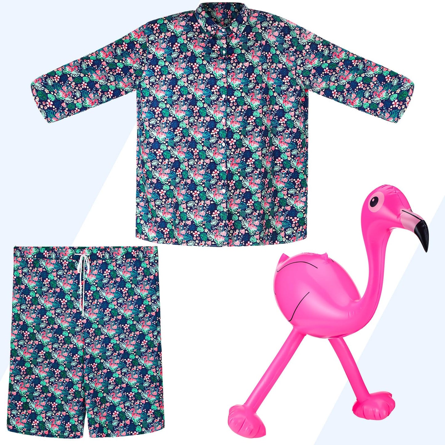 3 Pcs Hawaiian 12 ft Giant Skeleton Costume Accessories Set Includes Tropical Print Vest Shirt Shorts and Inflatable Flamingo for Summer Luau Party Garden Lawn Outdoor Decor (Skeleton Not Included)