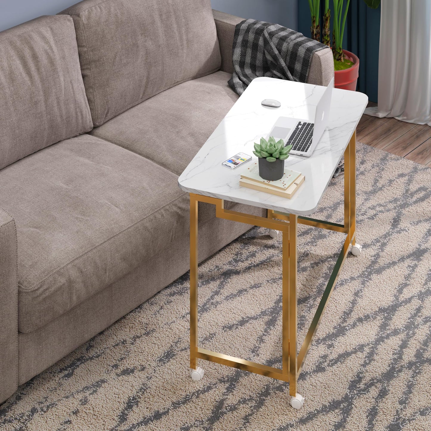 4NM 27.5" Mobile Small Rolling Computer Desk, Folding Laptop Cart Table with Wheels, Portable Office Desk for Small Space Couch Bed - White and Golden