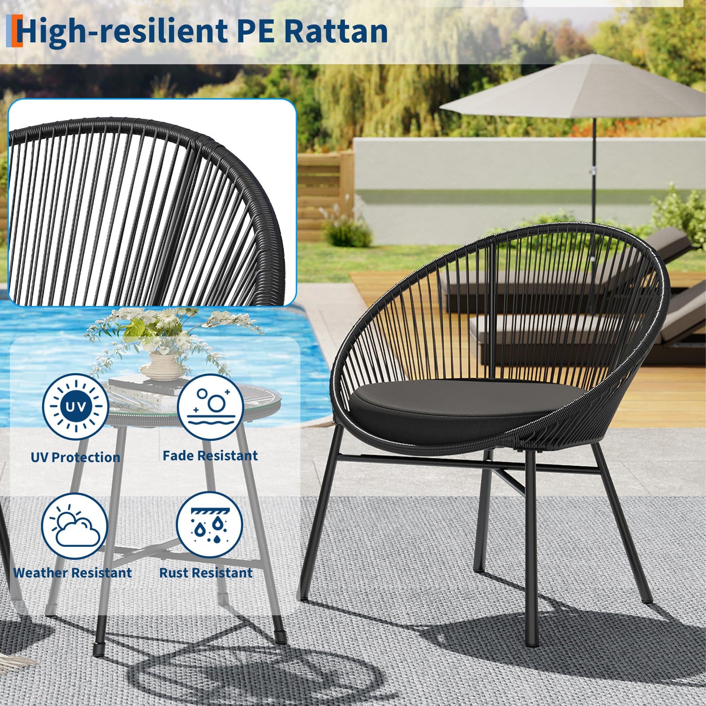 3 Piece Patio Bistro Set, Outdoor Acapulco Chairs Set of 2 with Glass Top Table, All Weather Modern Patio Chairs with Cushions, Patio Conversation Bistro Set for Deck, Backyard, Balcony, Porch, Black