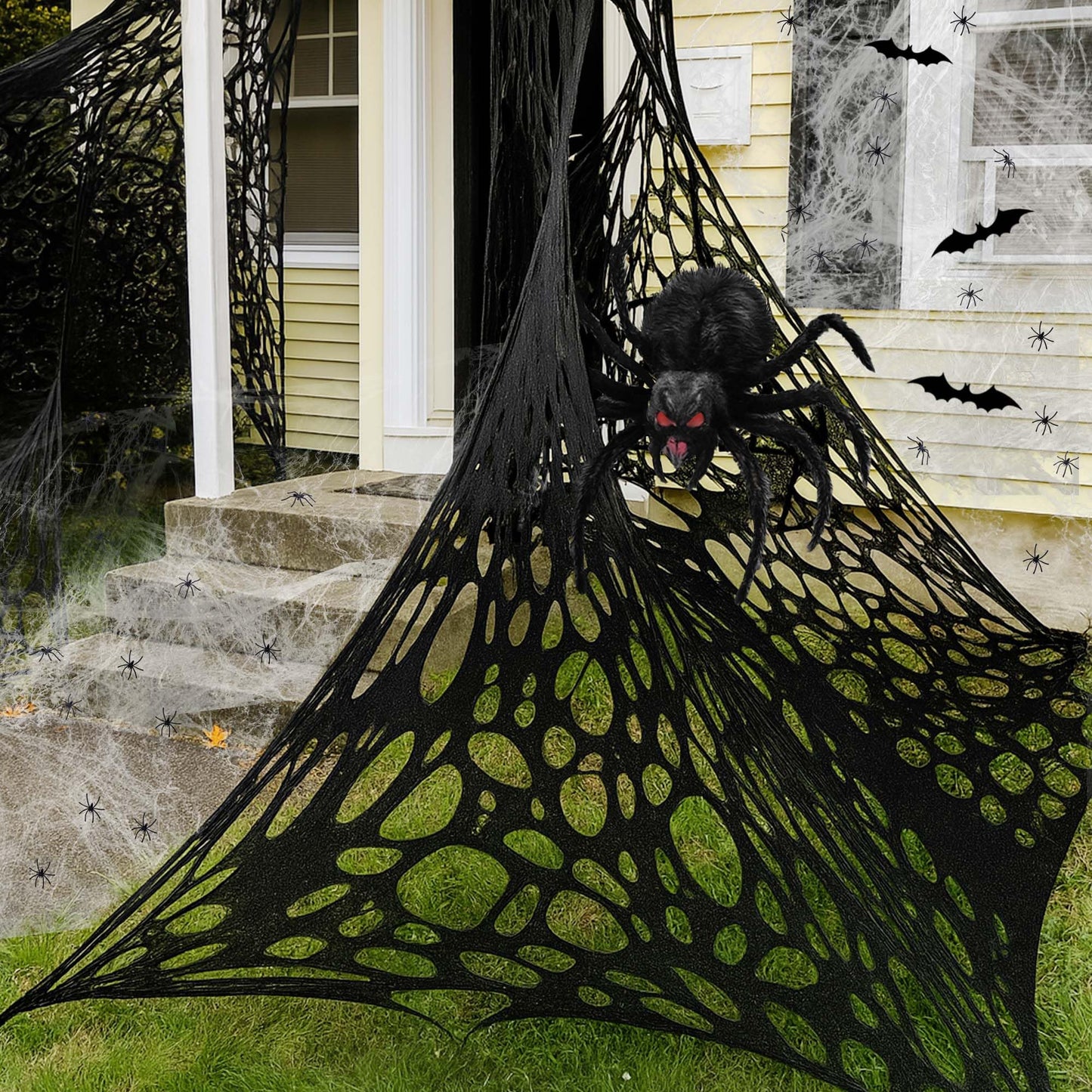 1360 Sqft Cuttable Stretchy Spider Web Halloween Decoration, Black Giant Outdoor Beef Netting Halloween Spider Webs, DIY Spooky Gauze Cobweb Fake Spiders Bats for Yard Garden Party Decor (472" x 39")