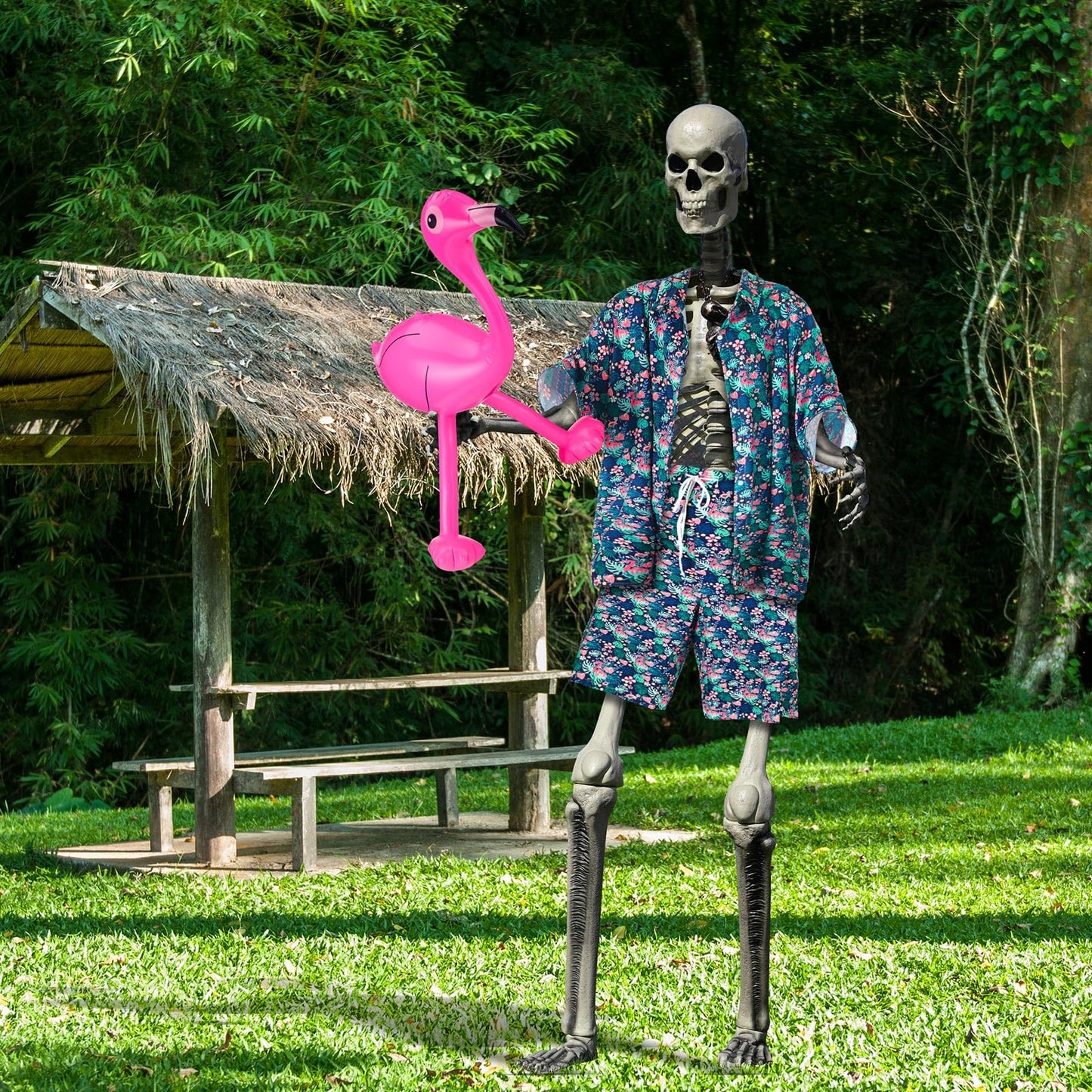 3 Pcs Hawaiian 12 ft Giant Skeleton Costume Accessories Set Includes Tropical Print Vest Shirt Shorts and Inflatable Flamingo for Summer Luau Party Garden Lawn Outdoor Decor (Skeleton Not Included)