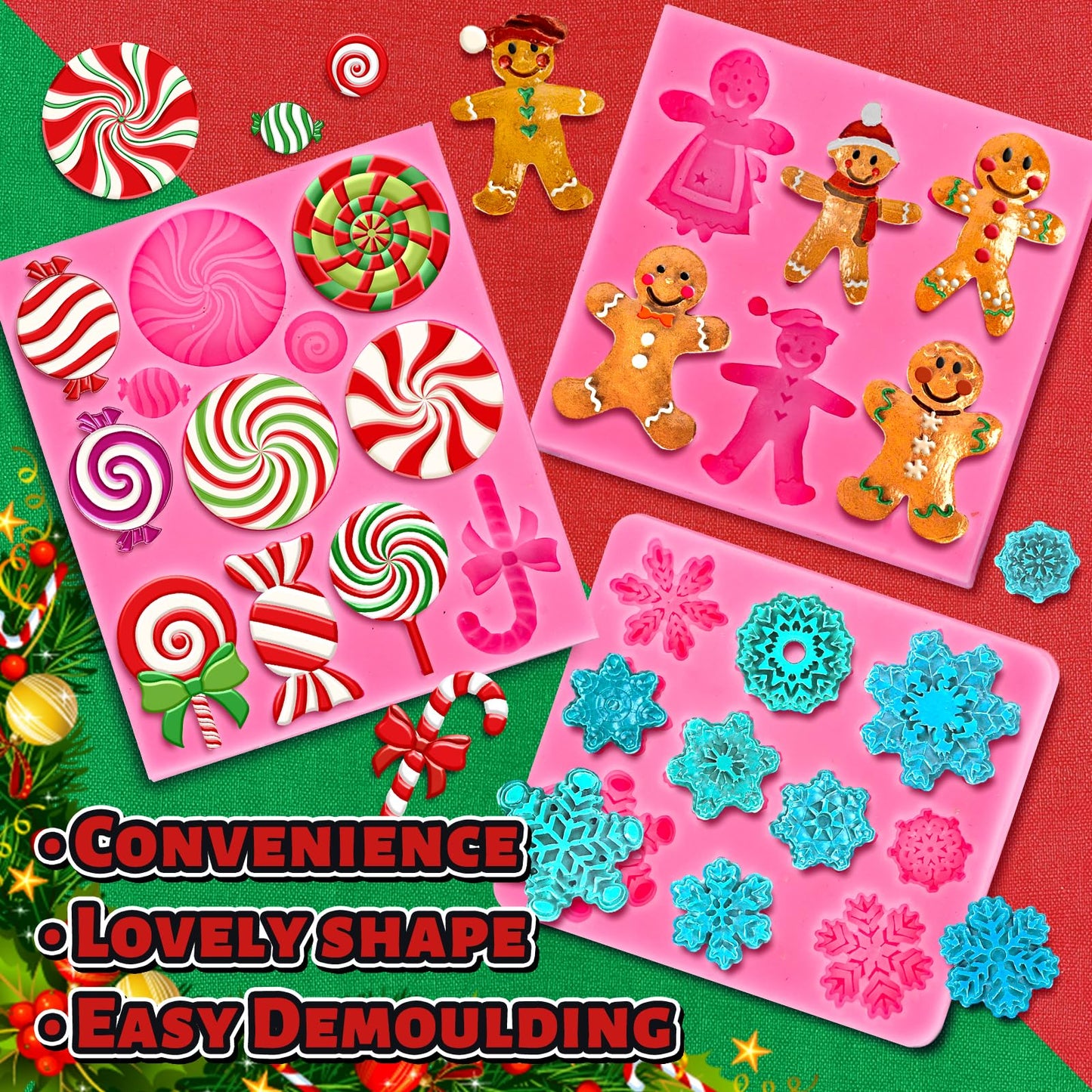 Whaline 3Pcs Christmas Candy Fondant Mold Pink Gingerbread Man Snowflake Silicone Mold Assorted Chocolate Candy Mould for Xmas Winter Party Cupcake Sugar Craft Gum Resin Clay