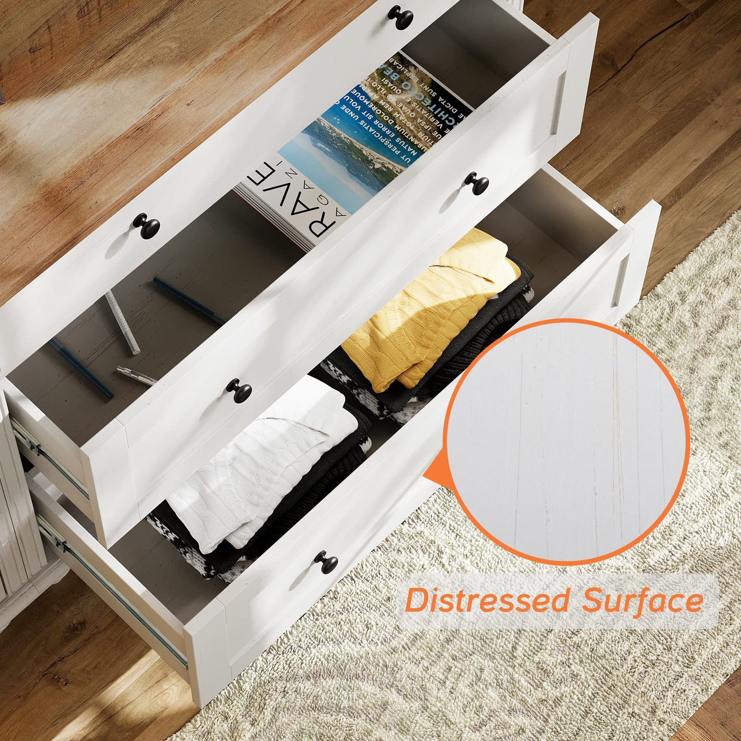 WAMPAT Dresser for Bedroom with 6 Drawers, White Dressers with Wide Chest of Drawers, Mid Century Modern Wooden Closet Storage Organizer, Large Kids Dressers for Living Room, Nursery, Hallway
