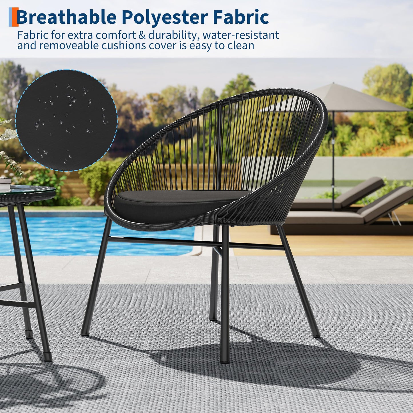 3 Piece Patio Bistro Set, Outdoor Acapulco Chairs Set of 2 with Glass Top Table, All Weather Modern Patio Chairs with Cushions, Patio Conversation Bistro Set for Deck, Backyard, Balcony, Porch, Black