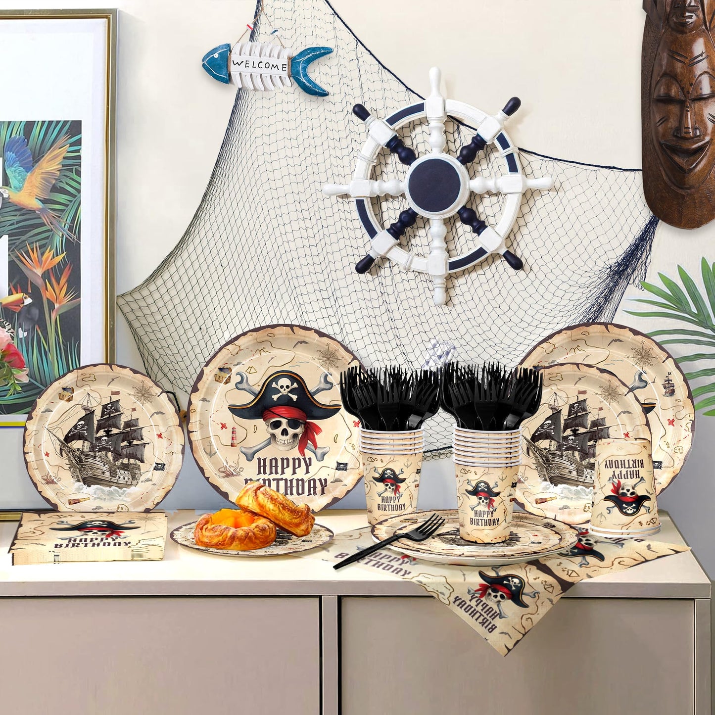120pcs Pirate Party Supplies Pirate Birthday Plates and Napkins With Paper Cup Treasure Map Napkins Adventure Party Supplies for Pirate Birthday Party Disposable Tableware Set Serve 24 Guests