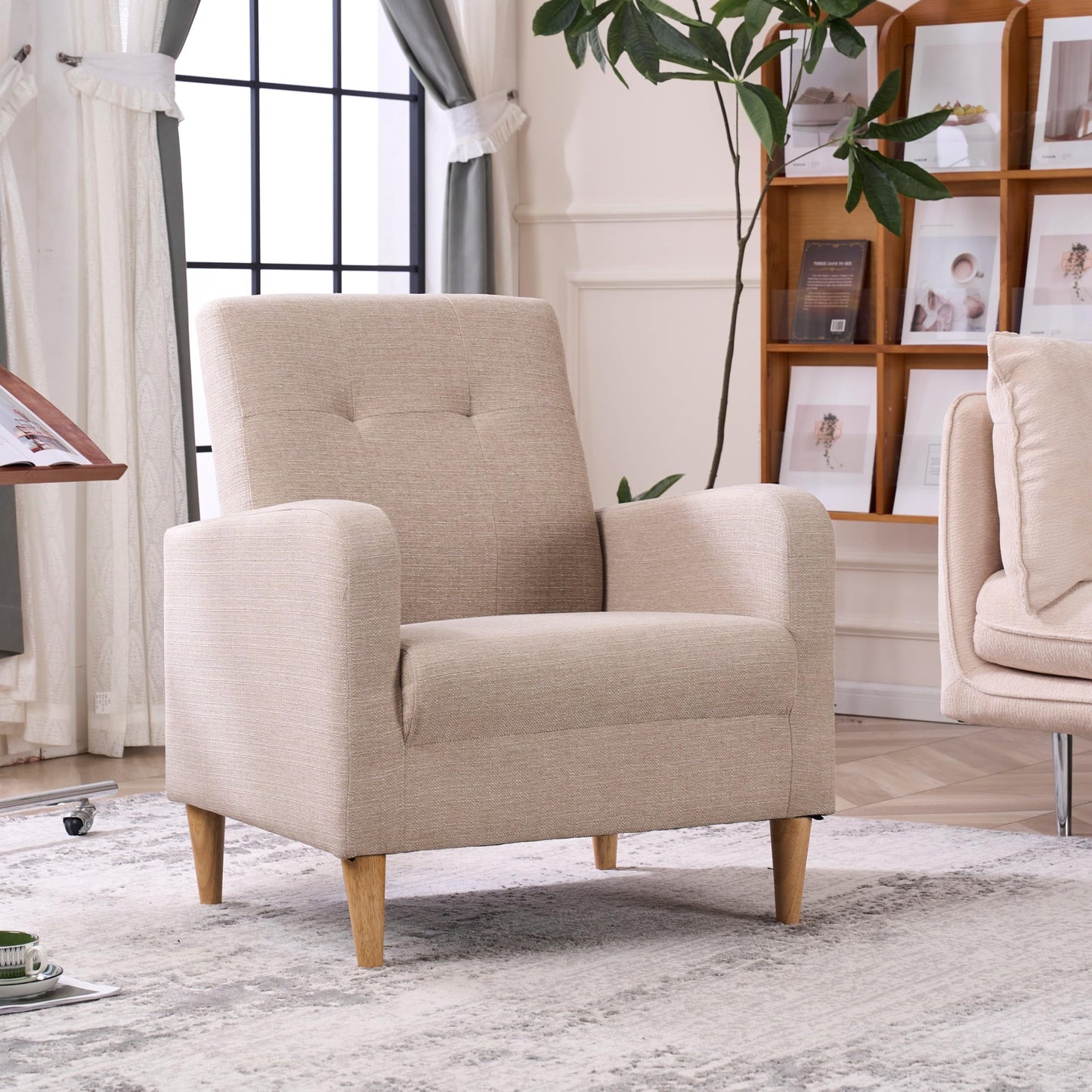VKNOW Accent Chair Living Room Chair, Upholstered Linen Armchair Sofa Chairs for Bedroom, Living Room, Mid Century Modern Comfy Reading Chair,Beige