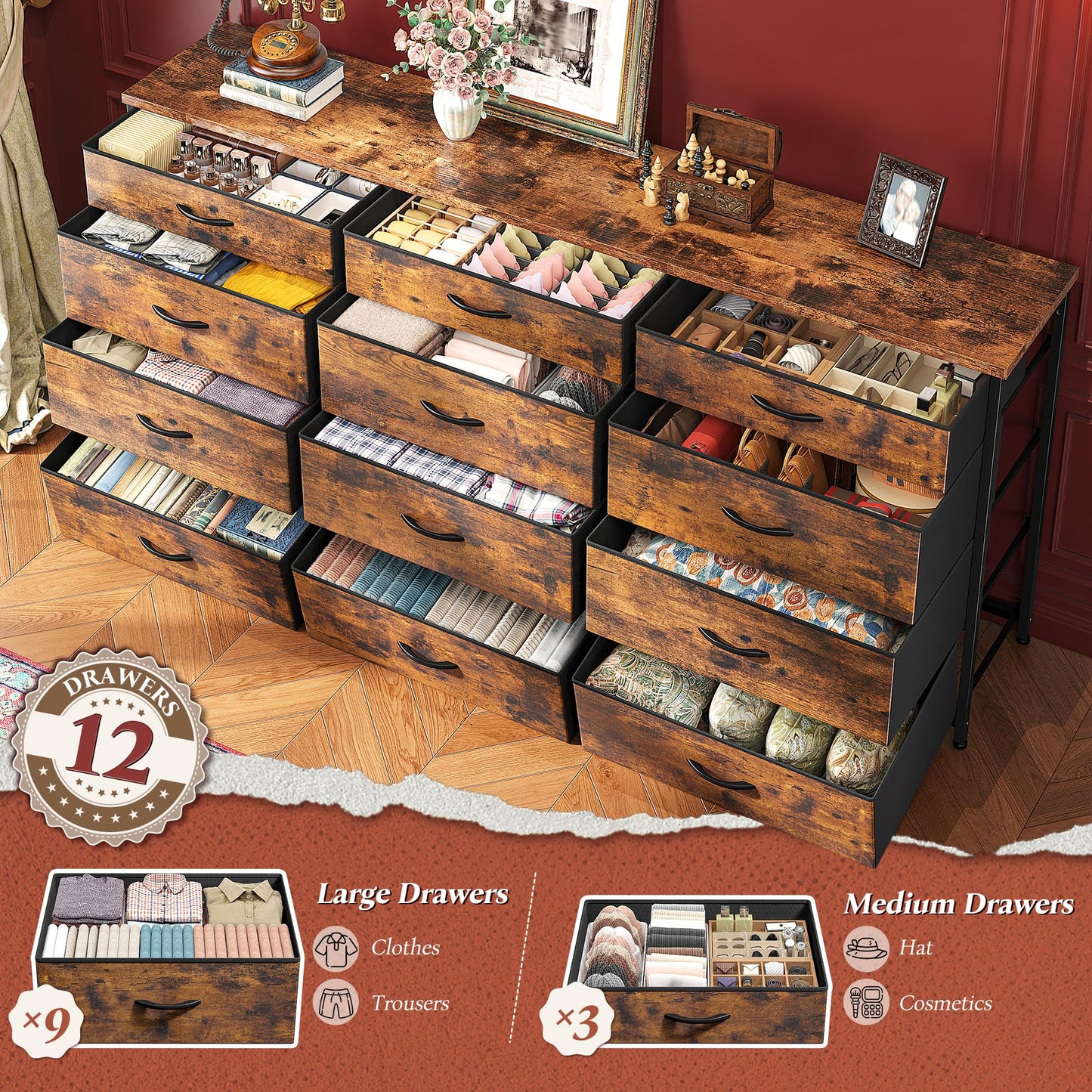 55" Dresser for Bedroom with 12 Fabric Drawers, Entertainment Center for 60 inch TV Dressers & Chests of Drawers Large Storage Organizer for Closet, Living Room, Metal Frame, Wood Top, Rustic Brown