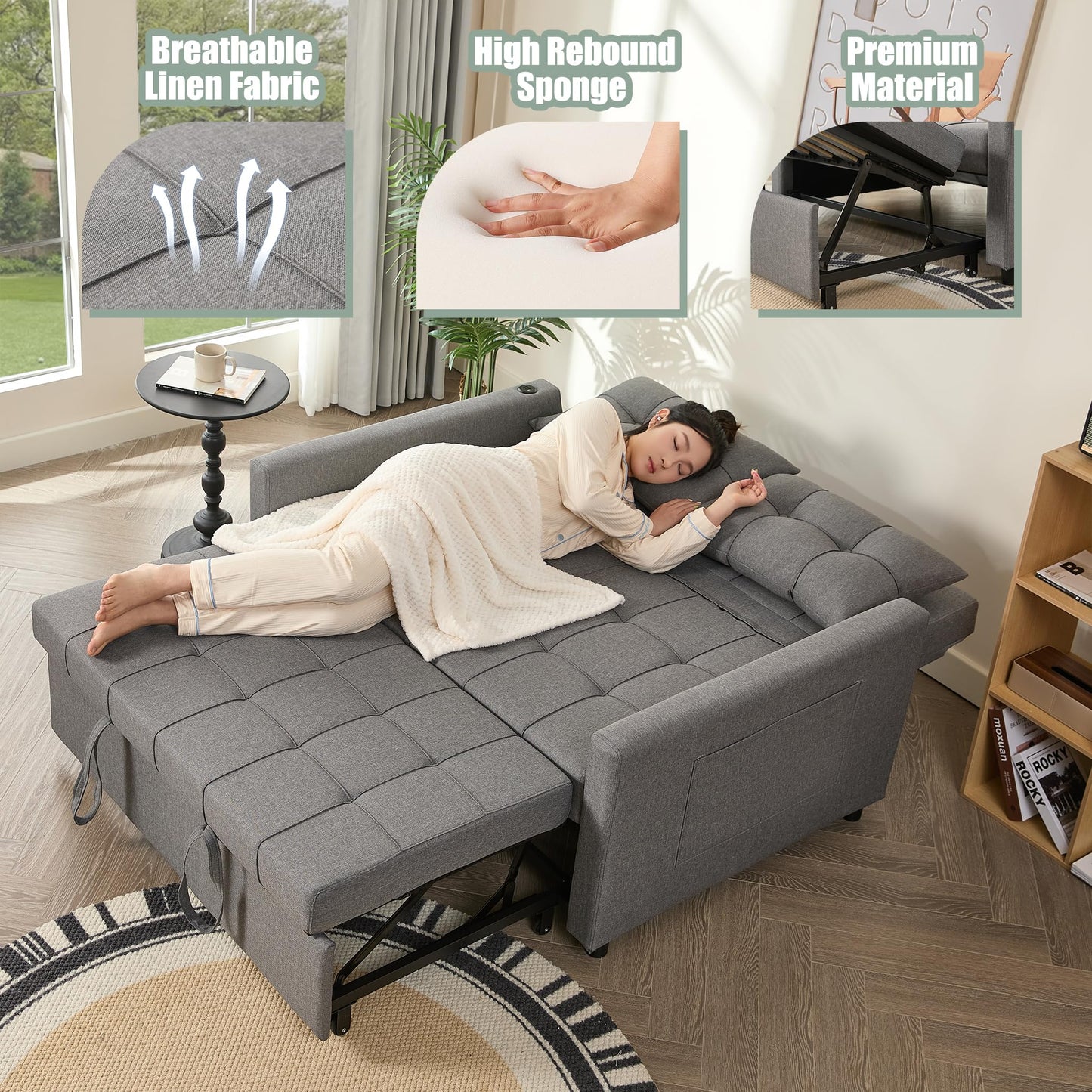 52" Sleeper Sofa with Pull-Out Bed, 3-in-1 Convertible Sofa Bed, Loveseat with Stepless Adjustable Backrest and Side Pocket, for Living Room Dorm Apartment, Linen, Light Gray