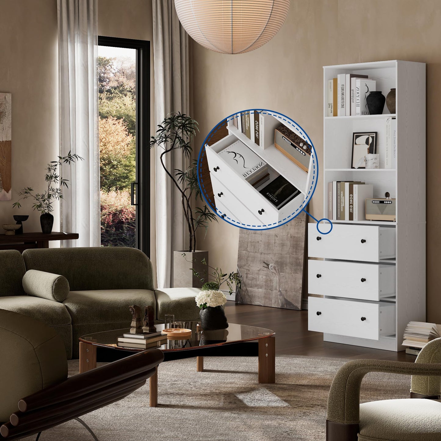 White Bookshelf with Storage, 71" Tall Bookcase with Drawers, Wooden Bookshelf Display Cabinet with 3 Drawers and 3-Tier Shelves, Home Decor Furniture for Living Room, Bedroom, Kitchen, Home Office
