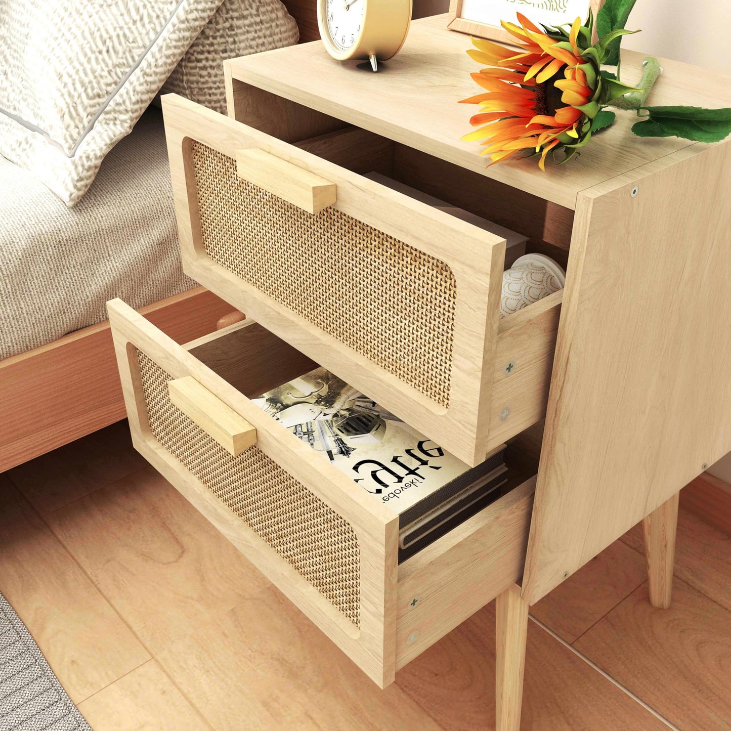 YAUKOMEL Rattan Nightstand,Boho Bedside with Storage,End Table,Side Table with 2 Hand Made Rattan Decorated Drawers for Small Space,Livingroom,Bedroom,Natural 11.8" D x 16" W x 22.4" H CTG59Y