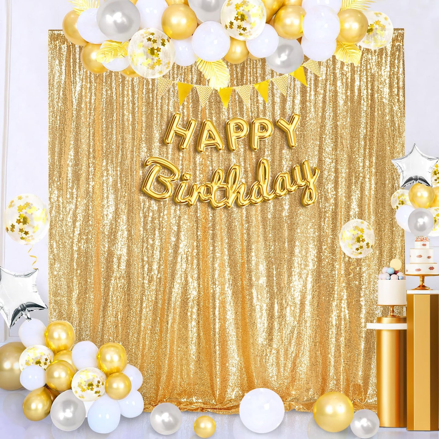 8ft x 8ft Gold Sequin Backdrop Curtain Glitter Photo Booth Backdrop for Wedding Birthday Baby Shower Event Decor