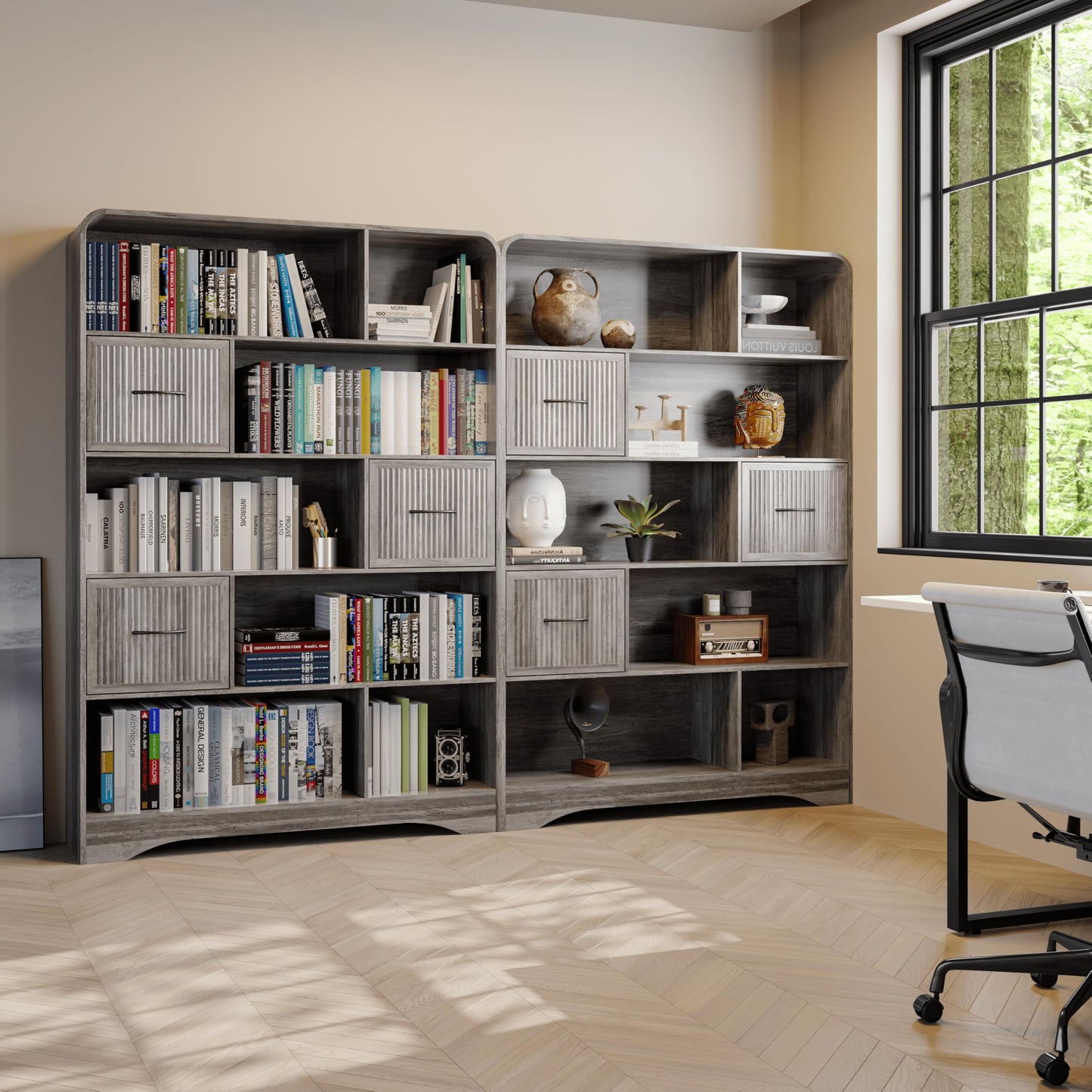 70" Book Shelf and Bookcase, Tall Bookshelf with Drawers, 48" Wide Modern 5 Tier Bookcase with 3 Bins Storage, Large Wood Display Cabinet with Adjustable Bin Storage for Living Room, Home Office, Grey