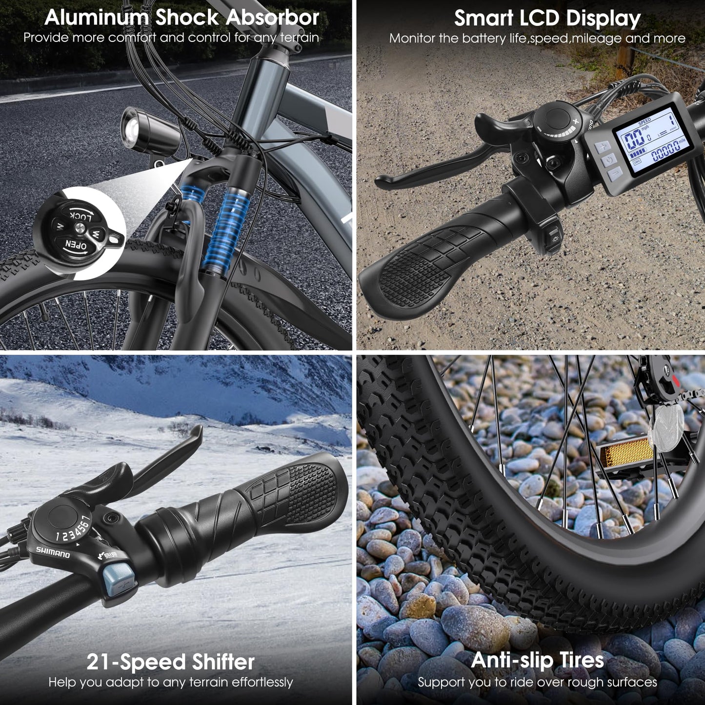 Funhang Electric Bike for Adults, Peak 1000W Ebike, 50Miles 21.7MPH Adult Electric Bicycles, 26" Electric Mountain Bike 48V 374.4WH Battery, Commuter E Bike with Adjustable Stem, Fenders, 21 Speed