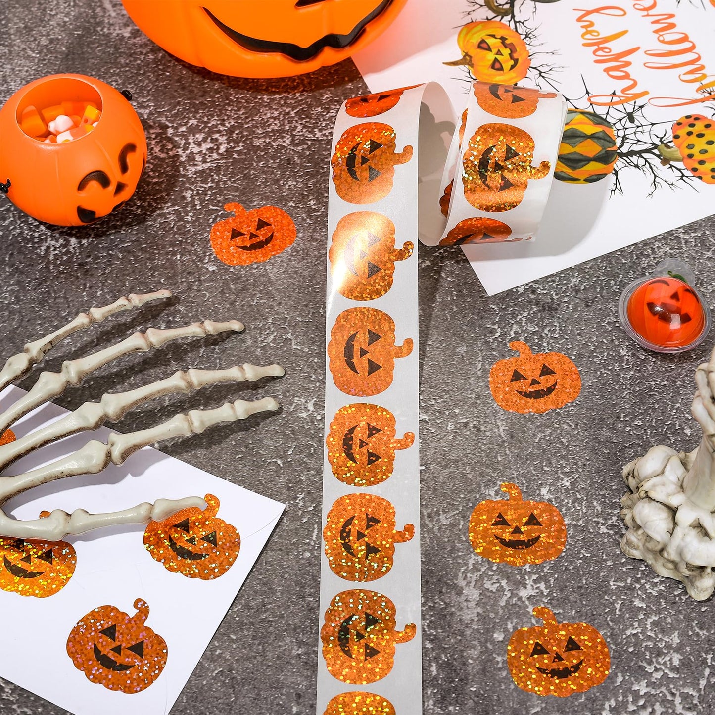 Whaline Halloween Pumpkin Stickers Roll Laser Pumpkin Shape Waterproof Decals Orange Sparkly Self-Adhesive Stickers for Halloween Party Envelope Scrapbook Decor, 500Pcs