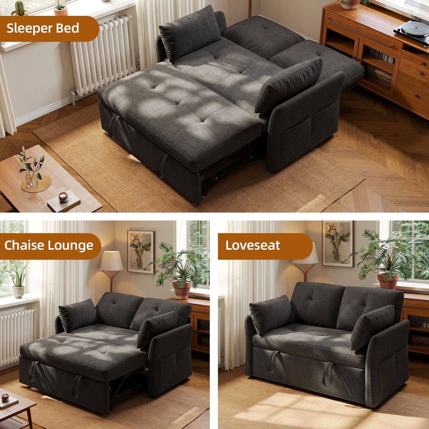3 in 1 Convertible Sleeper Sofa Bed Tool-Free Assembly, Adjustable Backrest Velvet Pull Out Couch, Small Loveseat Sectional Sofa Bed with Side Pocket, Futon Couches for Living Room, Bedroom, Black