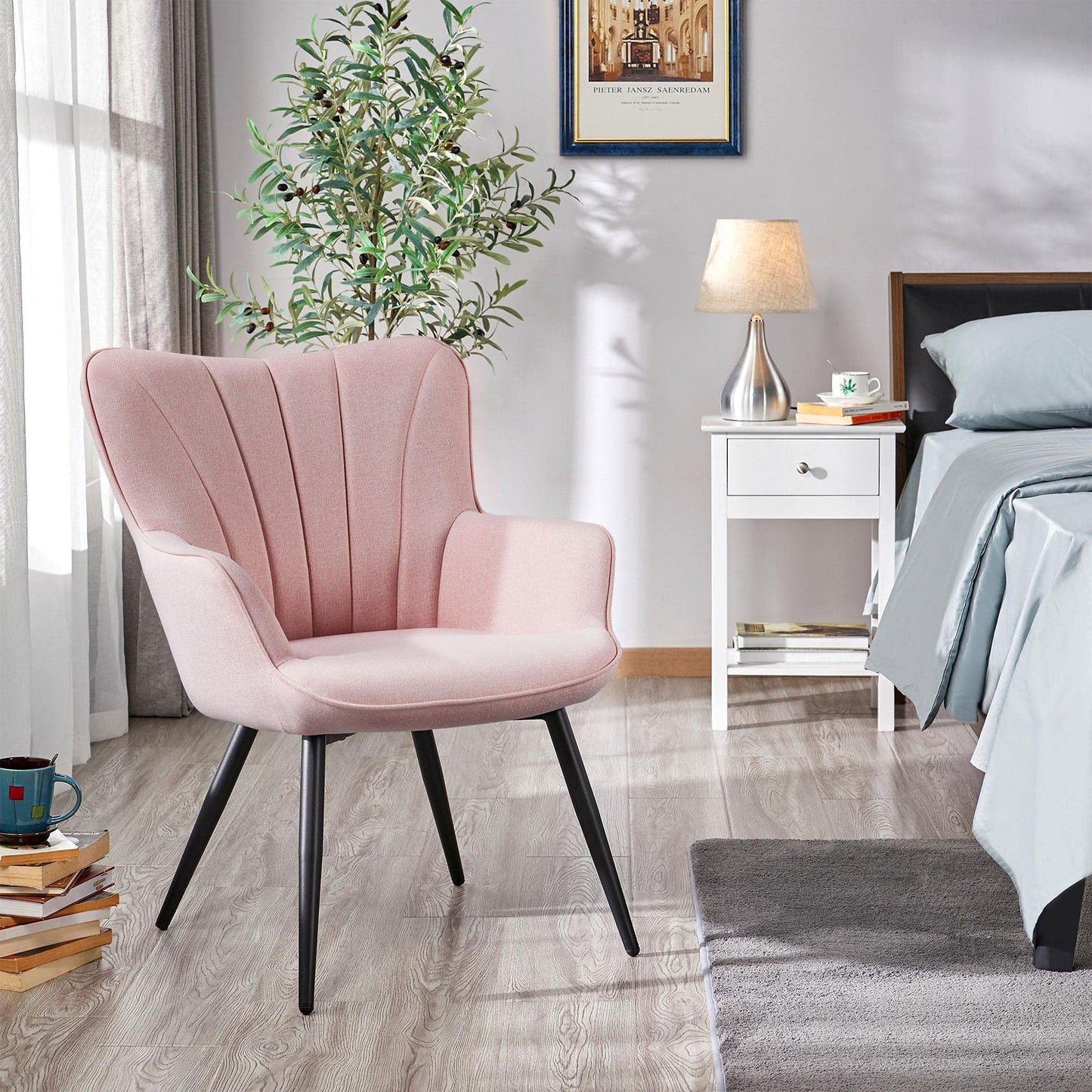 Yaheetech Accent Chair, Modern and Elegant Armchair, Linen Fabric Vanity Chair with Metal Legs and High Back for Living Room Bedroom Office Waiting Room, Pink