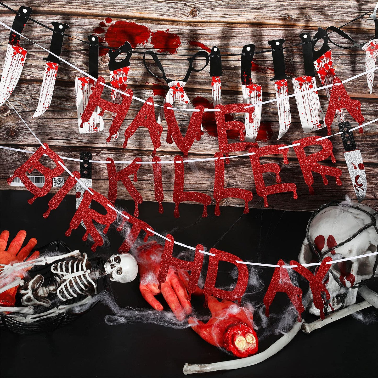 4 Pcs Have A Killer Birthday Banner Halloween Party Decorations Knife Hanging Banner for Halloween Horror Themed Birthday Supplies