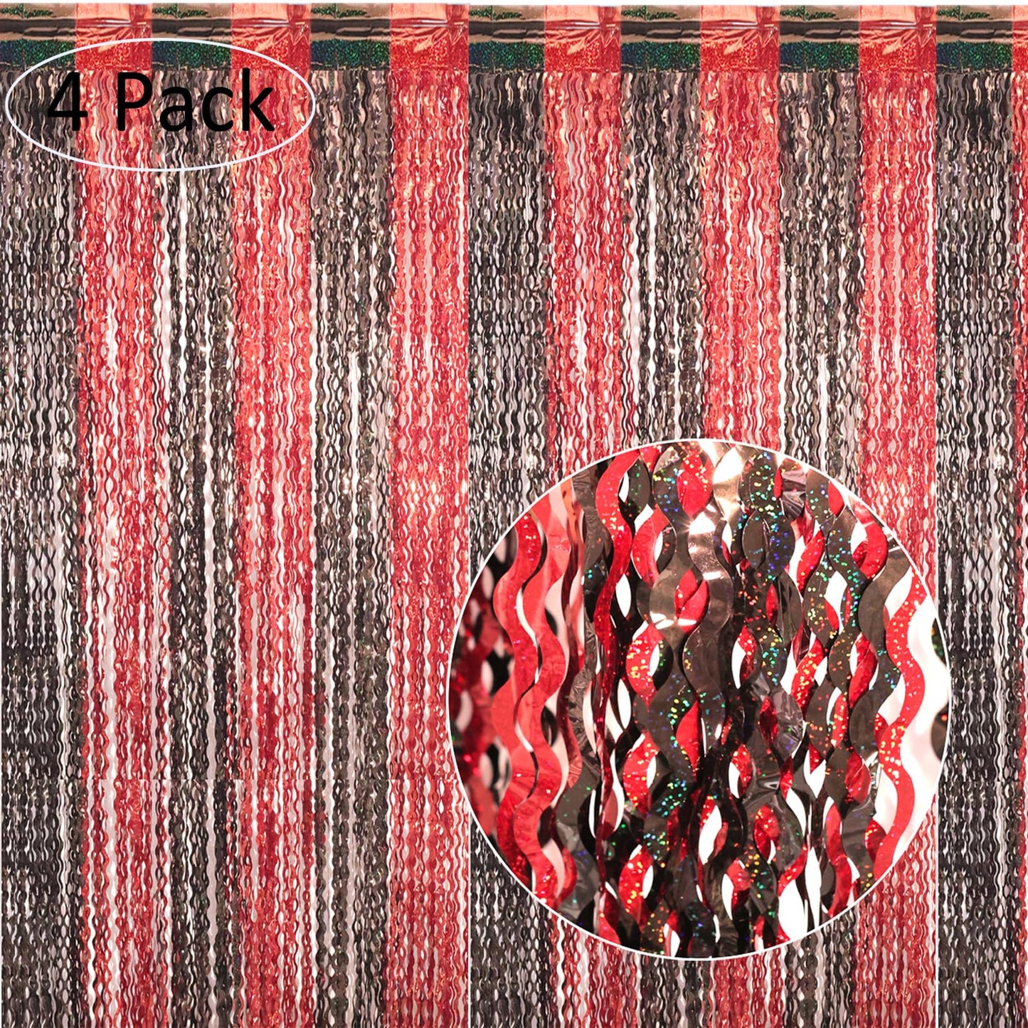 4 Pack 3.3x6.6 ft Red and Black Foil Fringe Backdrop Curtains - Wavy Tinsel Streamers Birthday Birthay Decorations, Fringe Backdrop for Graduation, Xmas, Disco Party