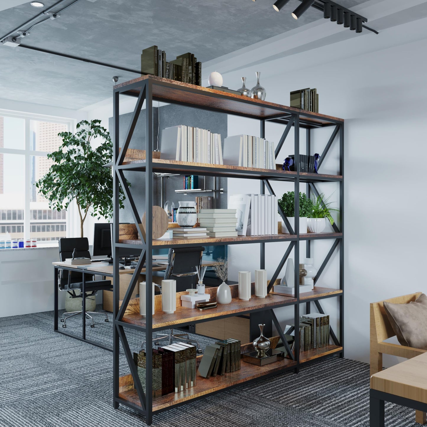 5 Tier Bookshelves with LED Plant Grow Lights, Convertible Corner Bookshelf with Baffles, 70" Tall Industrial Bookcase, Display Shelf, Wood Shelves with Metal Frame for Living Room Bedroom Home Office