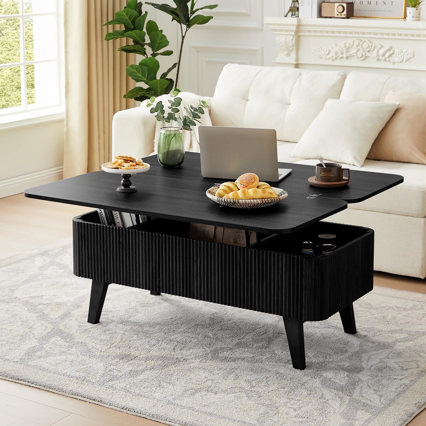 3 in 1 Lift Top Coffee Table, Fluted Convertible Coffee Tables Converts to Dining Tables, Modern Oval Wooden Center Table with Storage for Living Room Office Small Space, Partial Assembly (Black)
