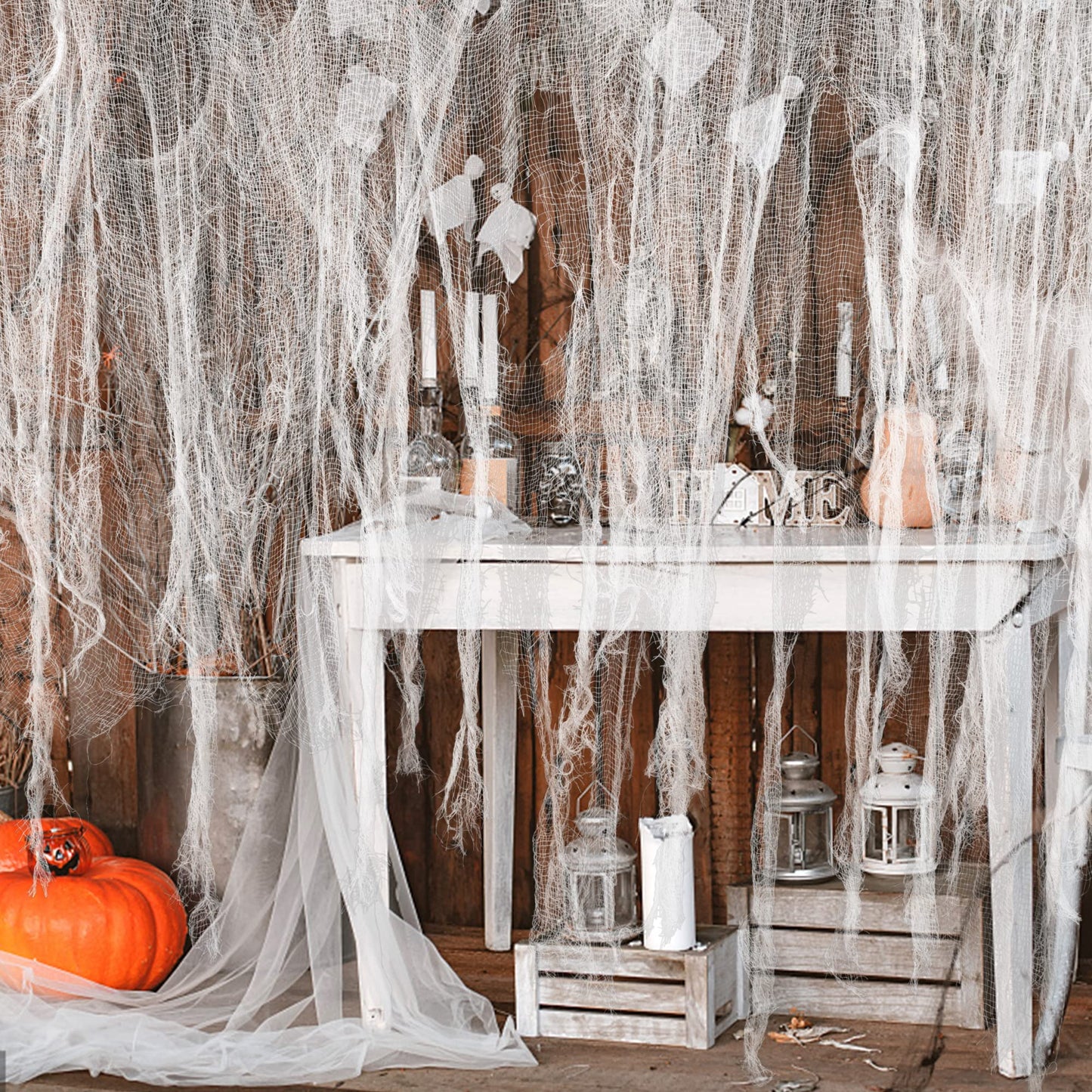 Watayo 500 x 39 Inch Large Size Halloween Spooky Cloth, Halloween White Scary Creepy Cloth, Windows Doorways Cover Gauze for Halloweens Haunted House Party Decor