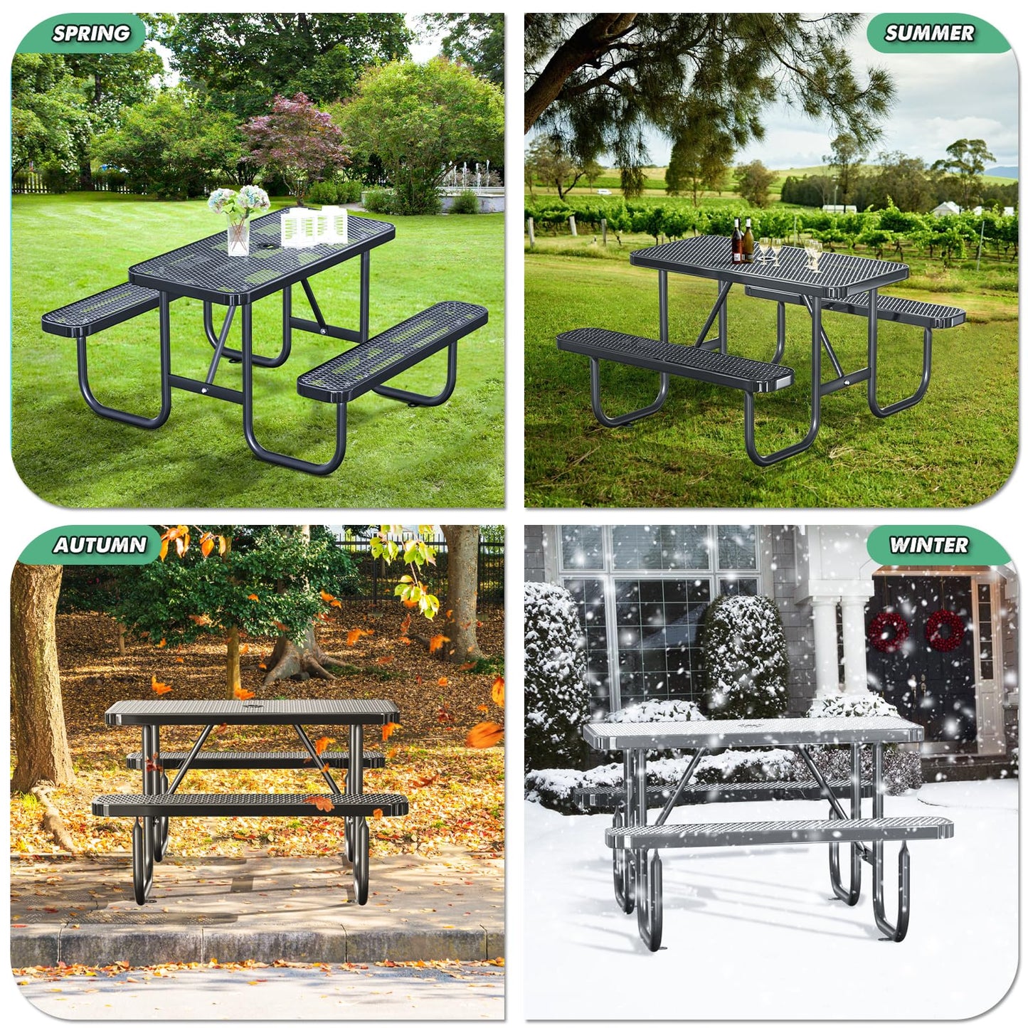 4FT Rectangular Outdoor Picnic Table and 2 Benches Set with Umbrella Hole, Metal Expanded Commercial Steel Heavy Duty Sturdy Picnic Tables Furniture Set for Yard Patio Lawn Party Coffee, Black