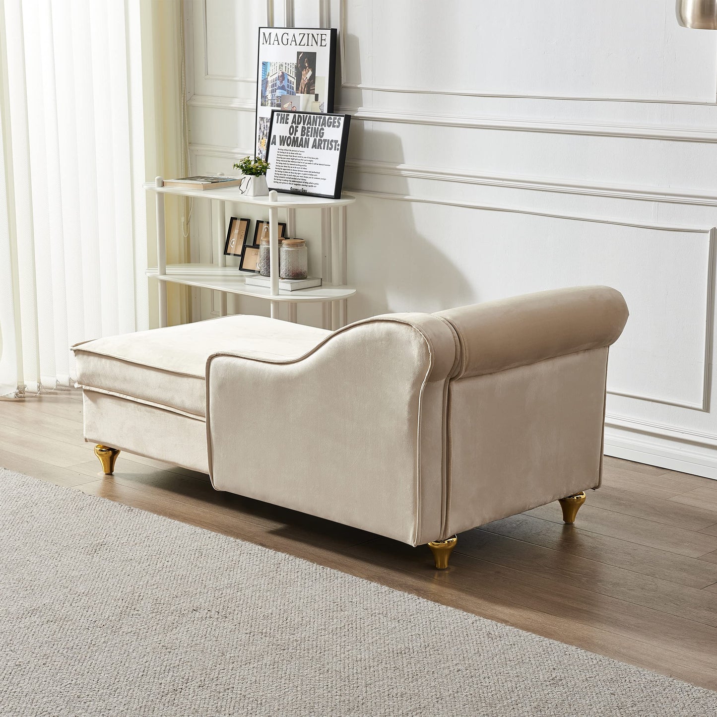 60.6''Velvet Chaise Lounge Indoor, Modern Velvet Sofa Lounge Chair with Storage,Upholstery Button Tufted Lounge Sofa Sleeper with Left Armrest & Lumbar Pillow for Living Room,Bedroom,Office,Beige