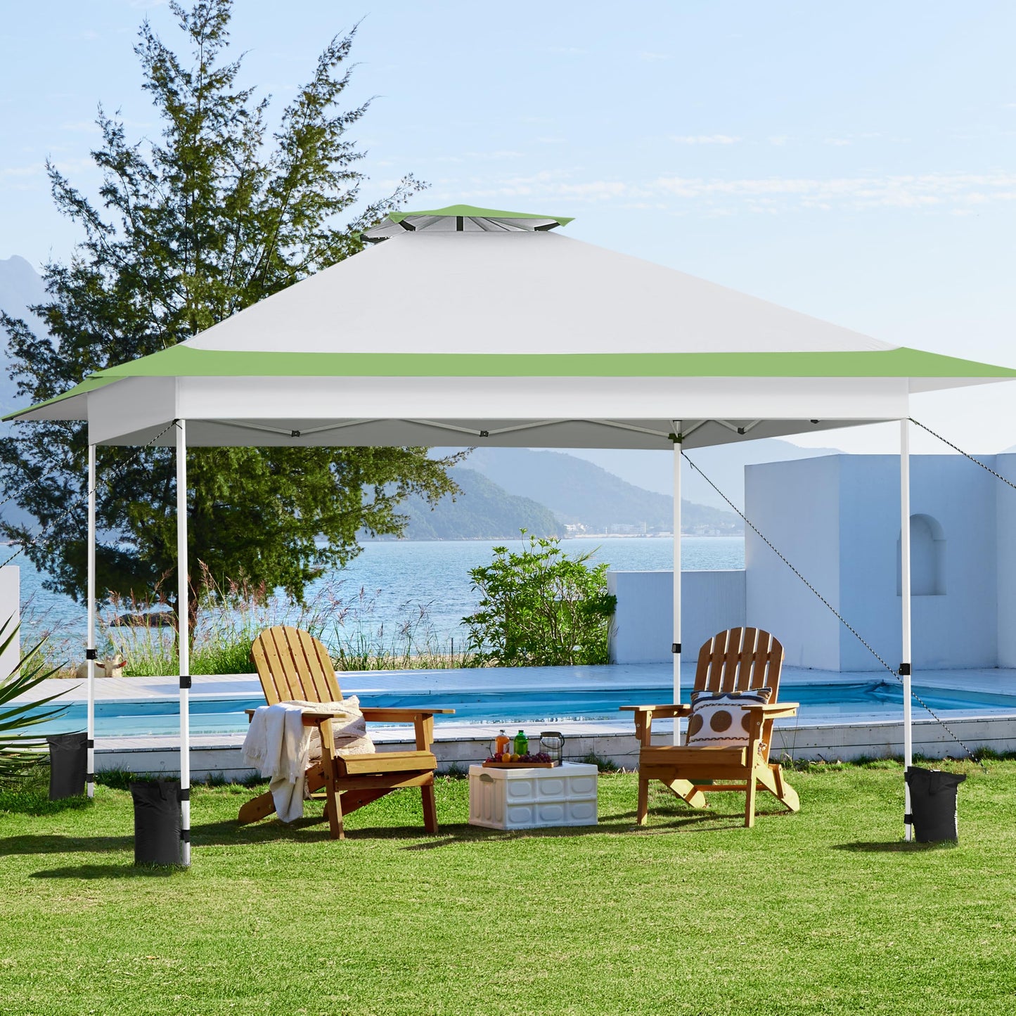 Yaheetech 13x13 Pop Up Canopy Tent, Straight Leg Easy Single Person Set-up Folding Shelter w/Extending Eaves w/Rolling Storage Bag & Sandbags for Garden, Patio, Lawn, Backyard, Deck, Light Gray/Green
