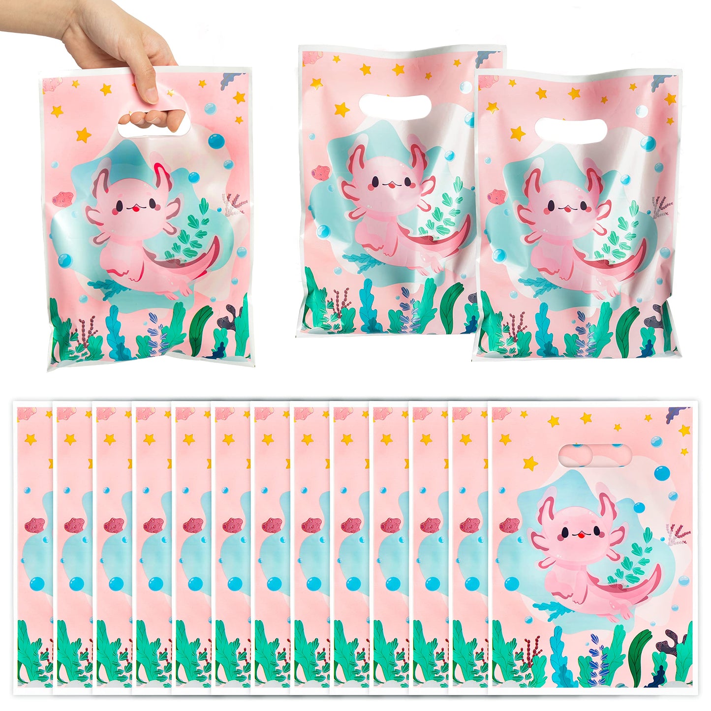 3sscha 50Pcs Axolotl Party Favor Bags Amphibian Themed Waterproof Goodie Bag with Die Cut Handles Reptile Animals Water Plants Plastic Candy Gift Pack for Baby Girl Birthday Baby Shower Decors Supplies