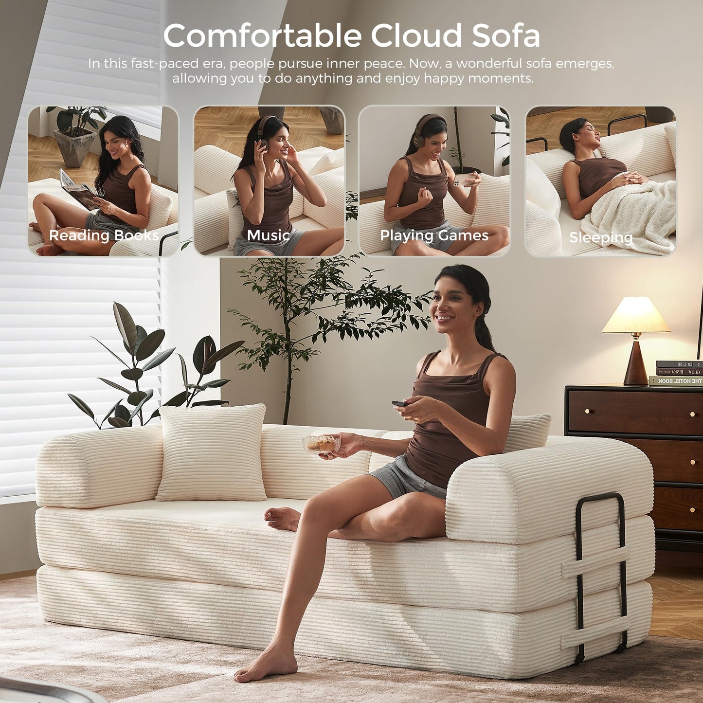 79" Convertible Sofa Bed with Fixed-Shape Frame & Removable Armrests, Modular Corduroy Sleeper Sofa, Folding Mattress Couch for Small Spaces - No Assembly Needed in White (Includes 2 Pillows)