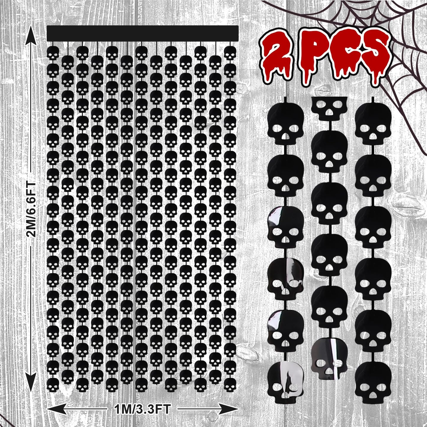 Whaline 2 Pack Halloween Foil Curtains Black Skull Head Fringe Curtains, 3.3x6.6Ft
