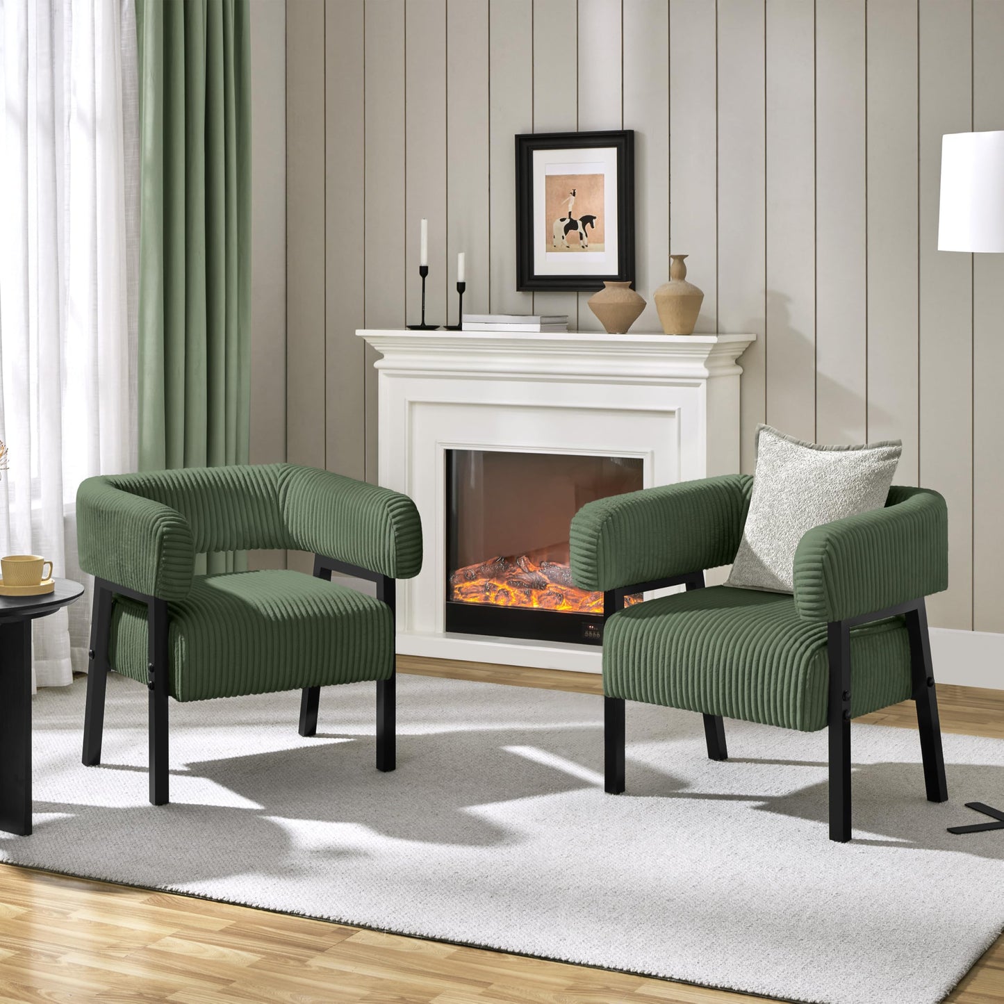 Yaheetech Corduroy Barrel Accent Chair Set of 2, Modern Upholstered Armchair with Solid Wood Legs, Cozy Leisure Chair with Pocket Coiled Seat for Living Room, Bedroom, Reading Nook Dark Green
