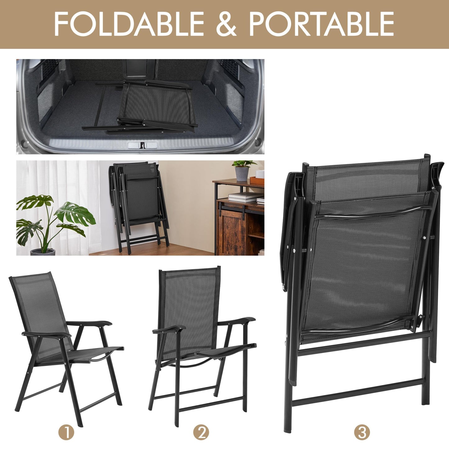 Yaheetech Patio Dining Chairs Set of 4 with Armrests, Outdoor Folding Chairs with Metal Frame and Backrest for Lawn, Garden, Yard and Poolside, Black