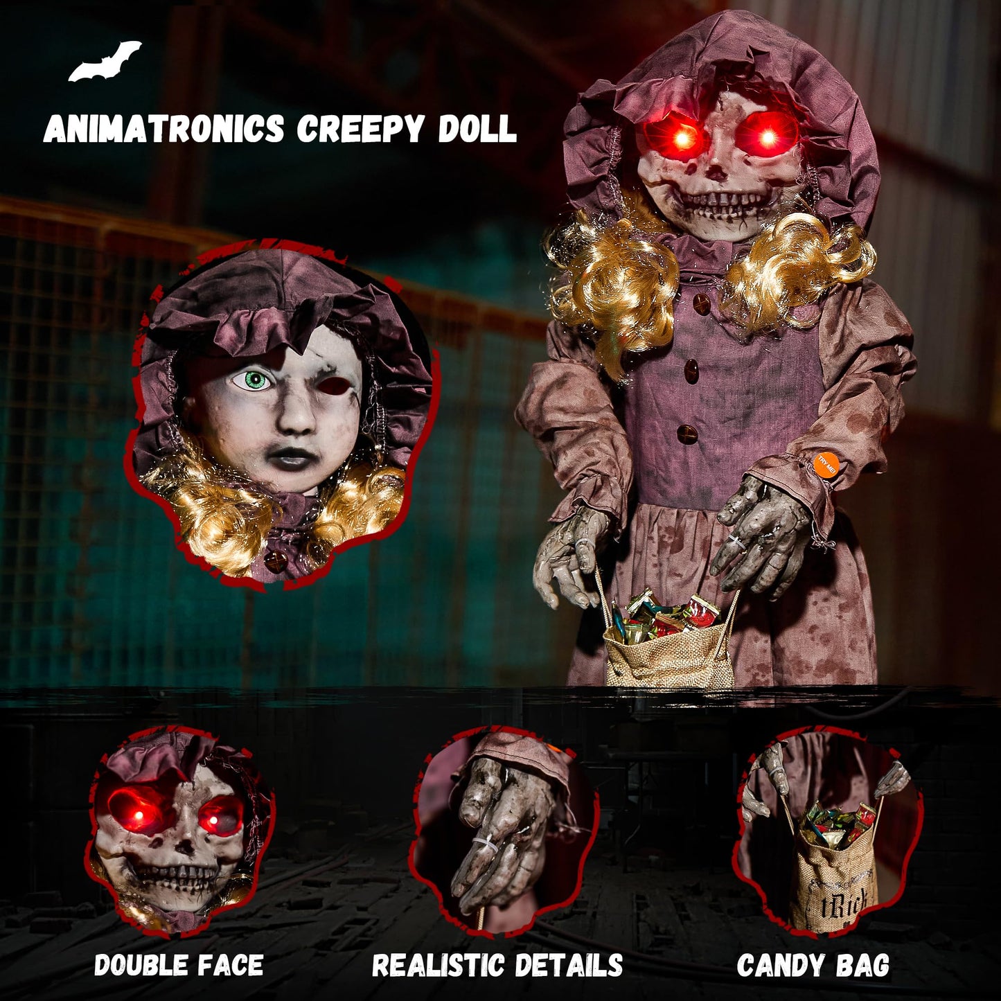 4FT Halloween Decorations Outdoor Animatronics Creepy Doll Skull,Sound Touch Activated,Light Up Eyes, Creepy Sound,Scary Halloween Party Prop for Haunted House Holiday,Yard Lawn