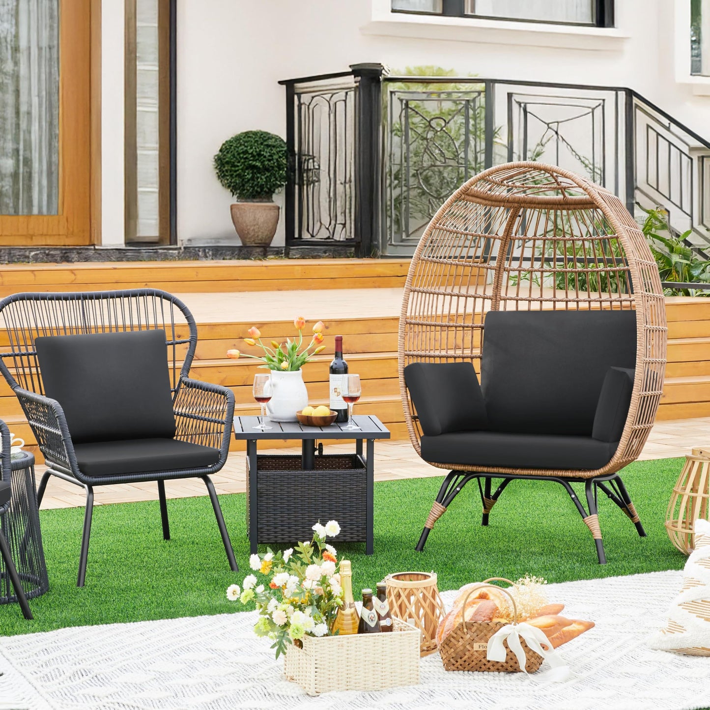 Yaheetech Egg Rattan Chair, Oversized Indoor/Outdoor Egg-Shaped PE Basket Lounger with 4 Cushions, Metal Frame Stand for Patio, Balcony, Backyard, Living Room, Light Brown/Black