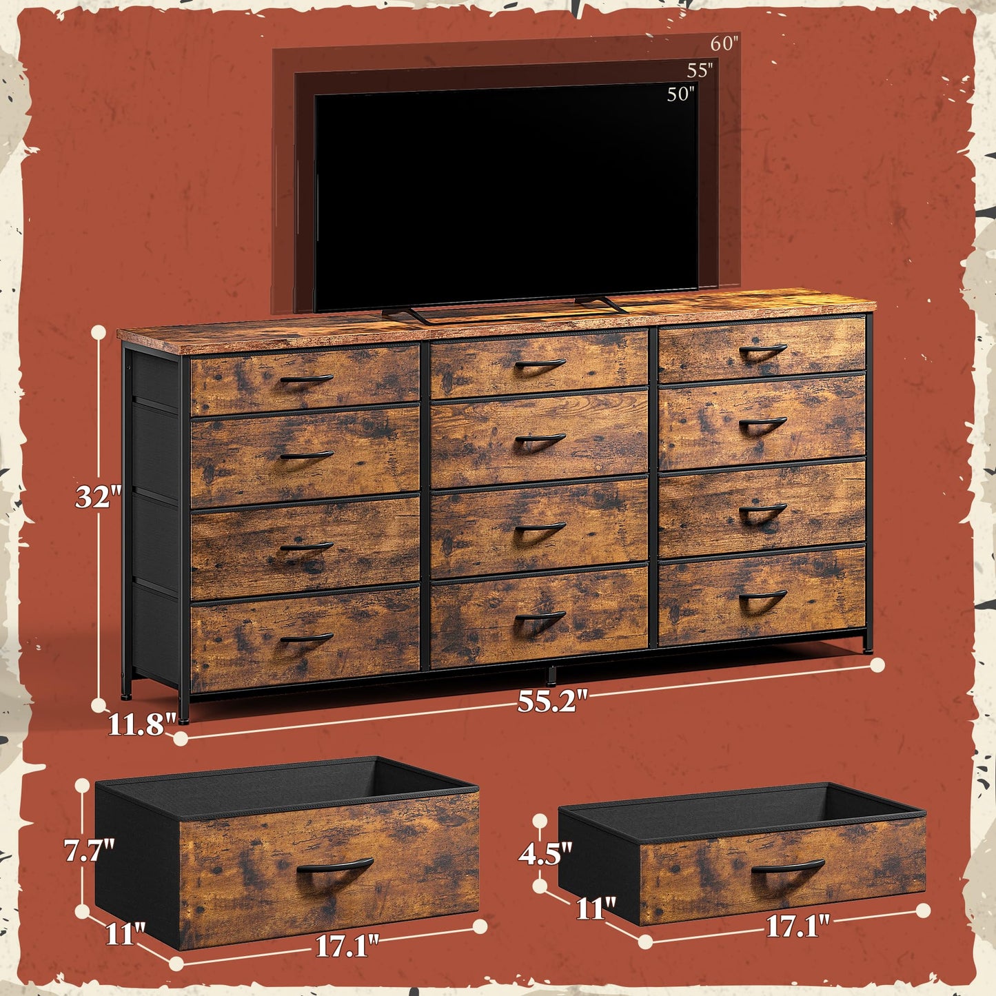 55" Dresser for Bedroom with 12 Fabric Drawers, Entertainment Center for 60 inch TV Dressers & Chests of Drawers Large Storage Organizer for Closet, Living Room, Metal Frame, Wood Top, Rustic Brown