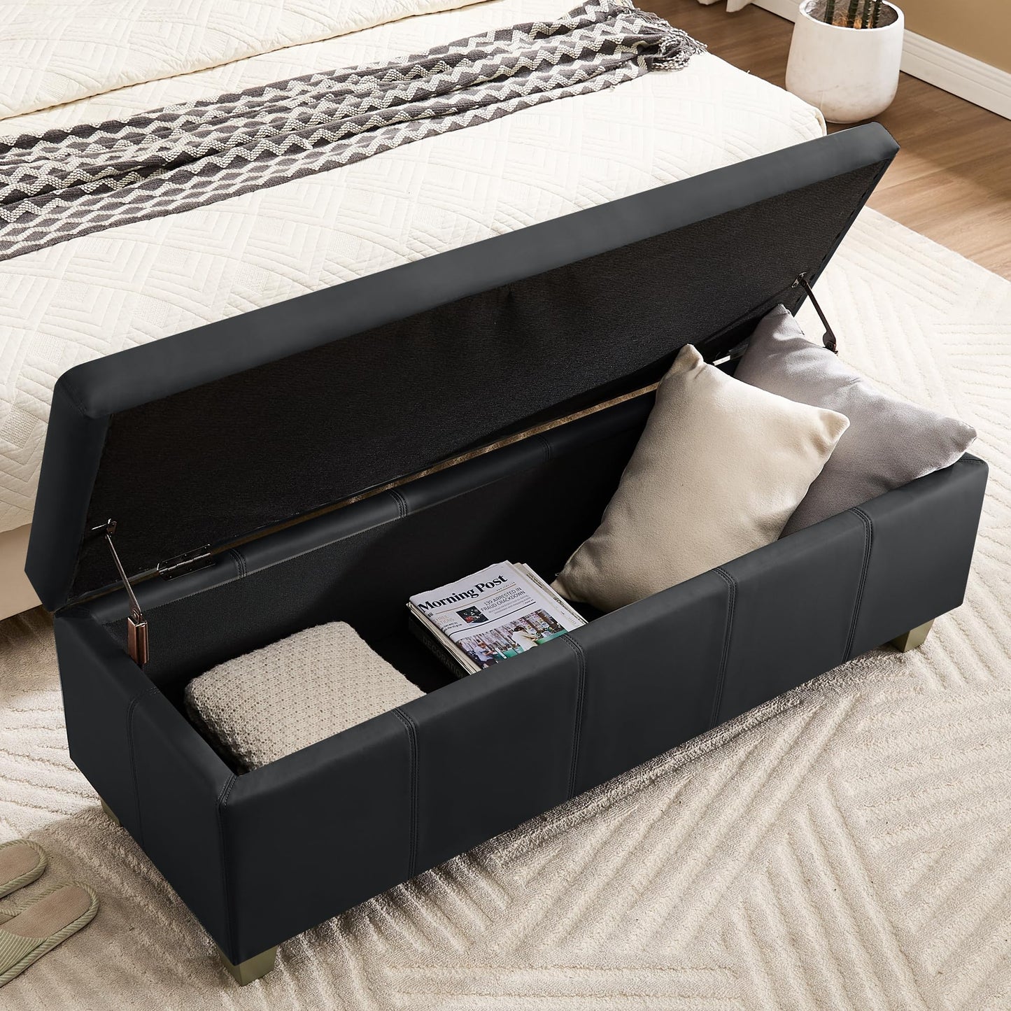 51" Faux Leather Storage Ottoman, Stitch Tufted Rectangle Upholstered End of Bed Storage Bench, Entryway Large Couch Ottoman with Wooden Legs, Dark Black